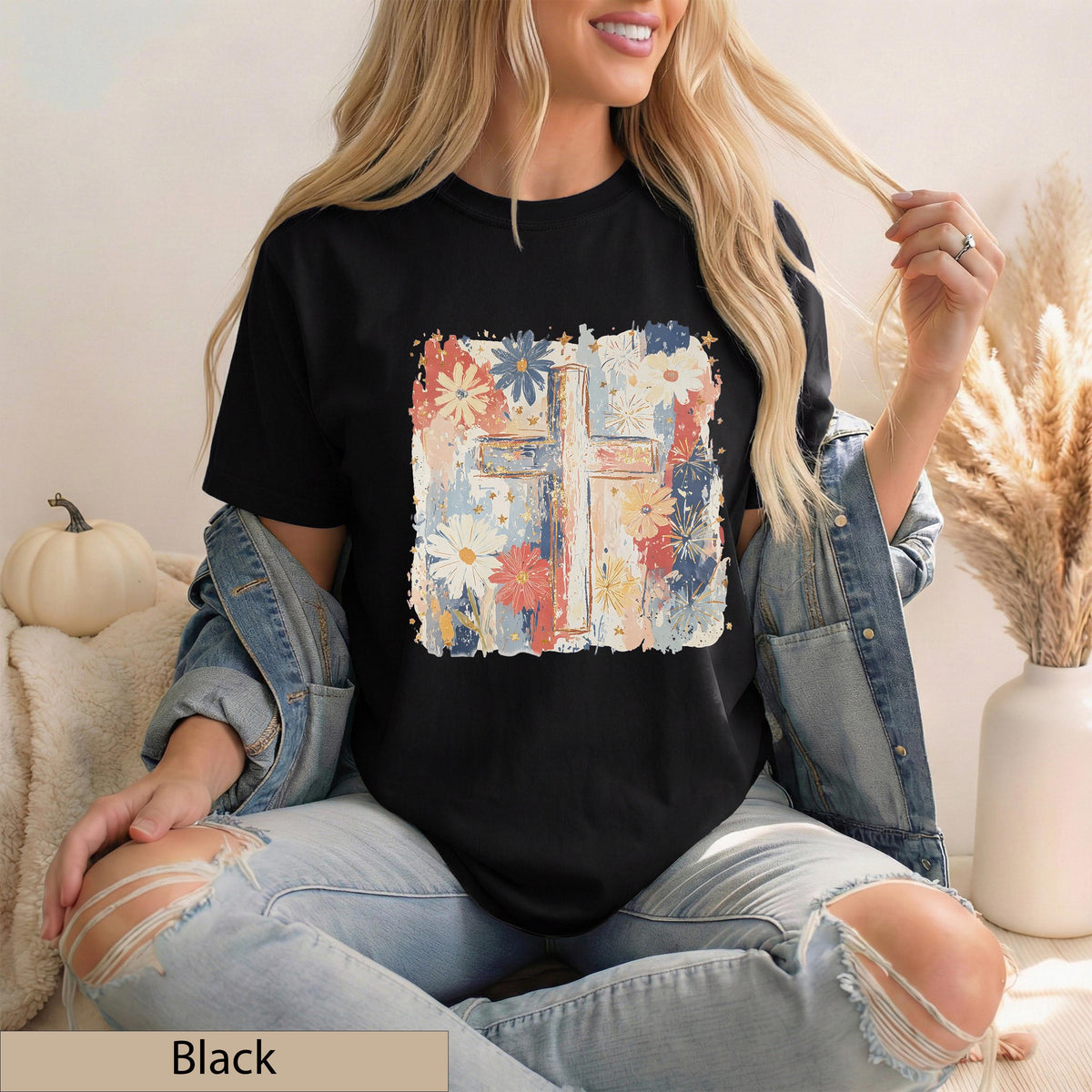 Floral Cross T-Shirt, Watercolor Wildflower Botanical Faith Tee