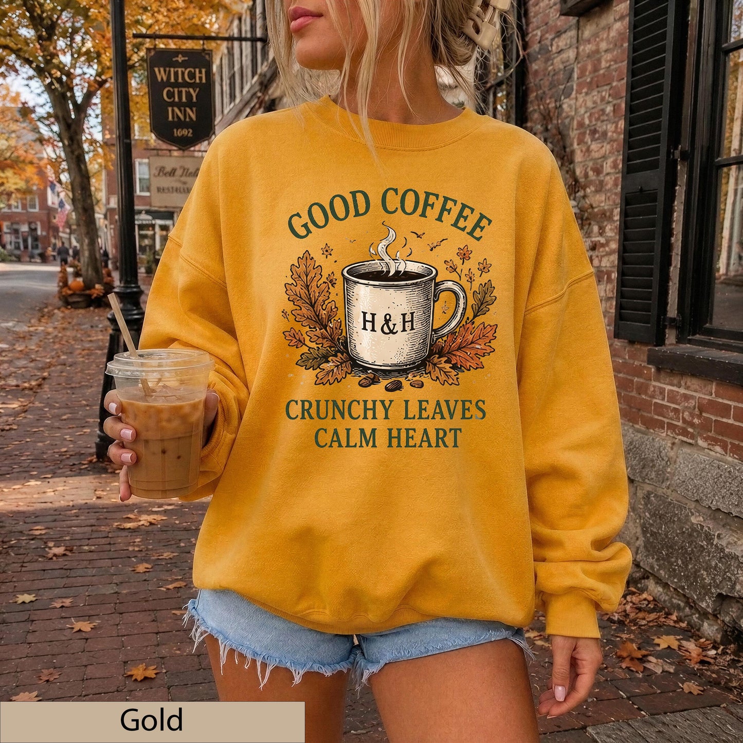 Good Coffee Crunchy Leaves Calm Heart Sweatshirt, Autumn Cozy Crewneck, Gildan 18000 Fall Sweater