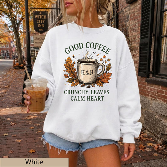 Good Coffee Crunchy Leaves Calm Heart Sweatshirt, Autumn Cozy Crewneck, Gildan 18000 Fall Sweater