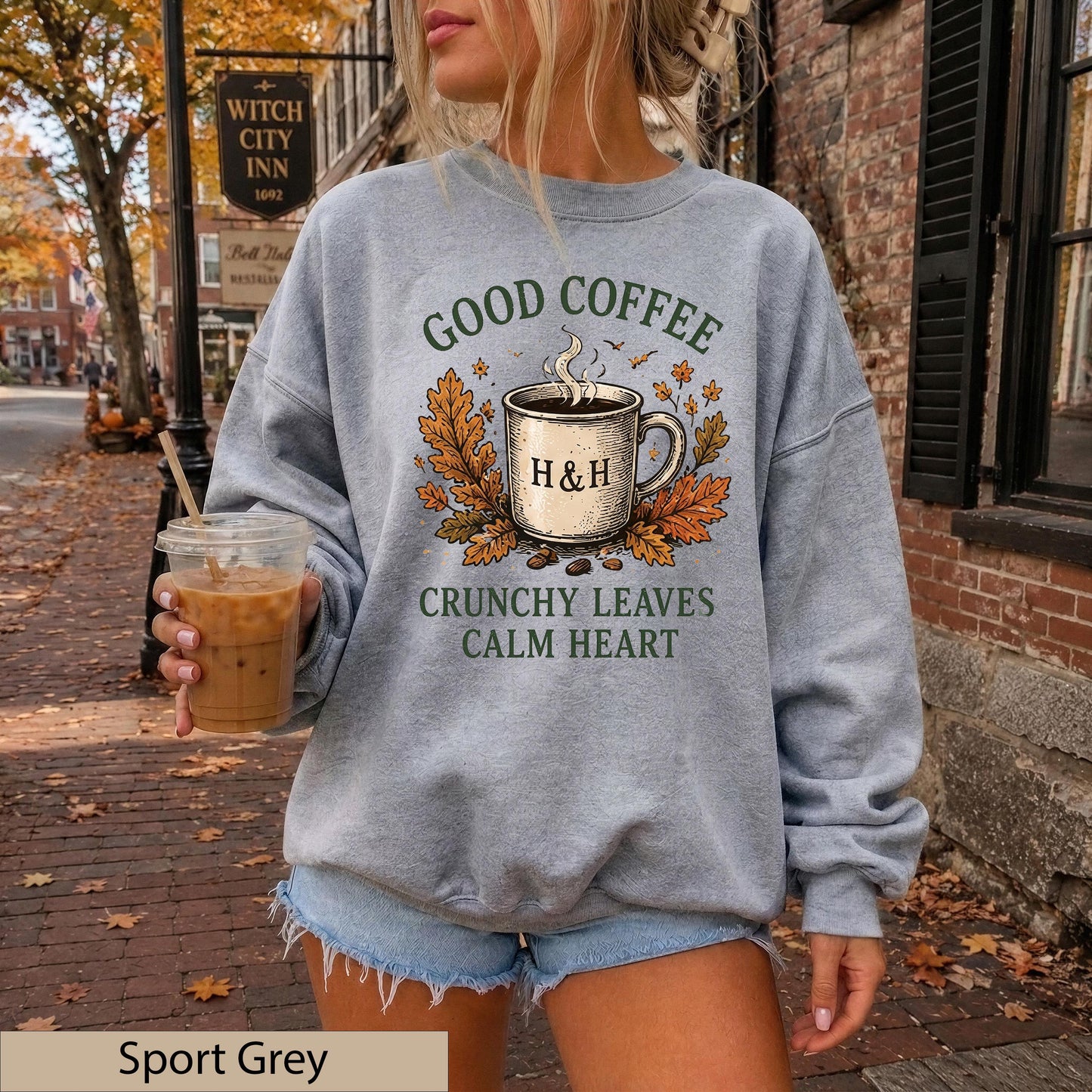 Good Coffee Crunchy Leaves Calm Heart Sweatshirt, Autumn Cozy Crewneck, Gildan 18000 Fall Sweater