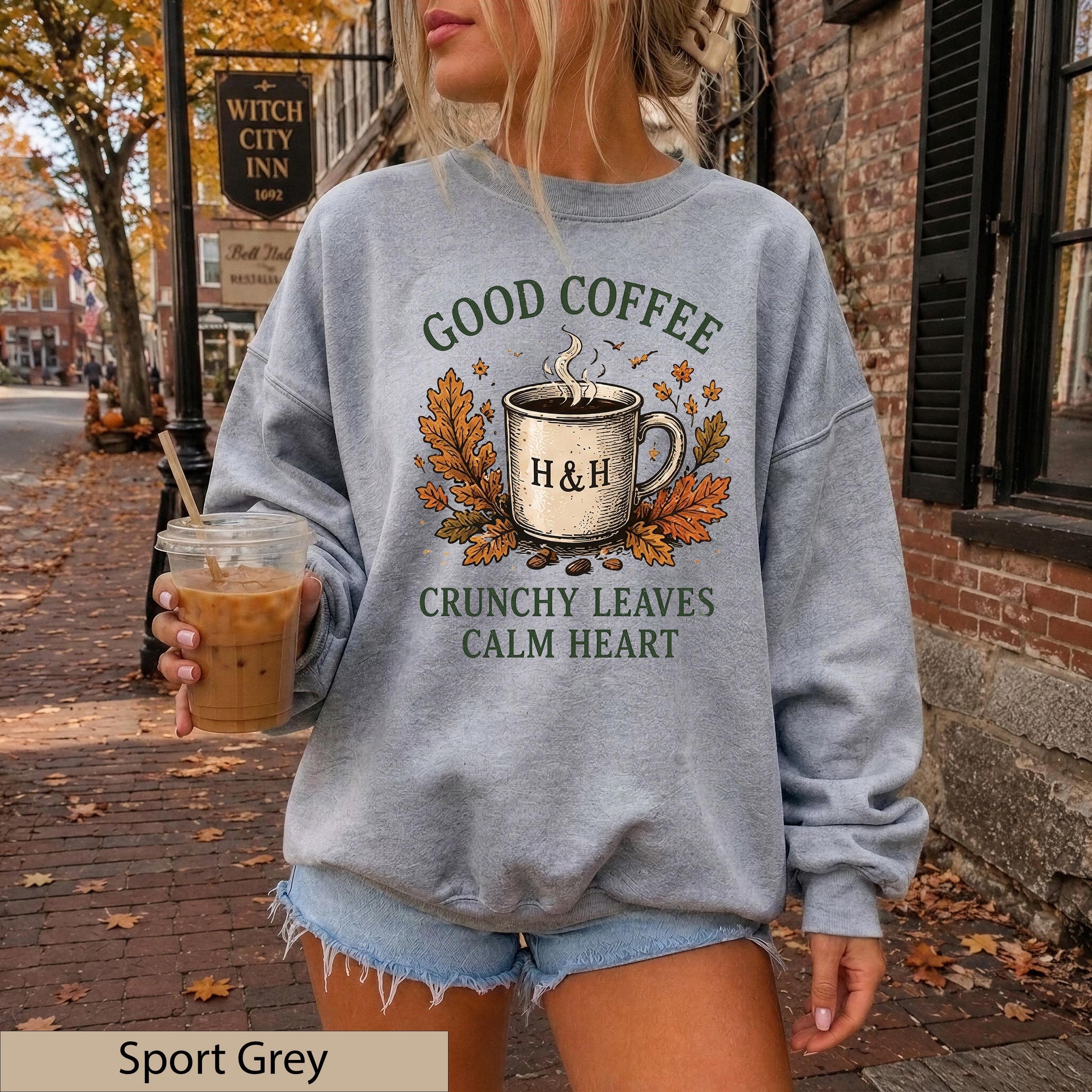 Good Coffee Crunchy Leaves Calm Heart Sweatshirt, Autumn Cozy Crewneck, Gildan 18000 Fall Sweater