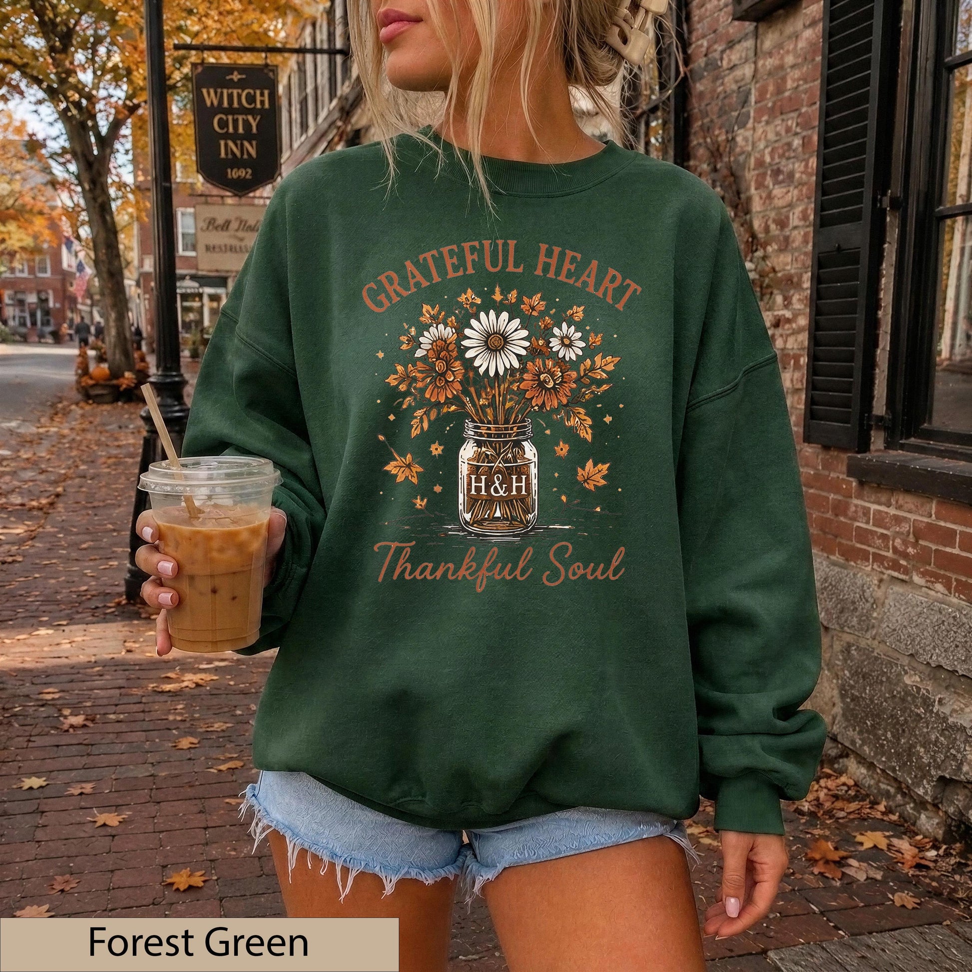Grateful Heart Thankful Soul Sweatshirt, Floral Mason Jar Crewneck, Autumn Thanksgiving Jumper