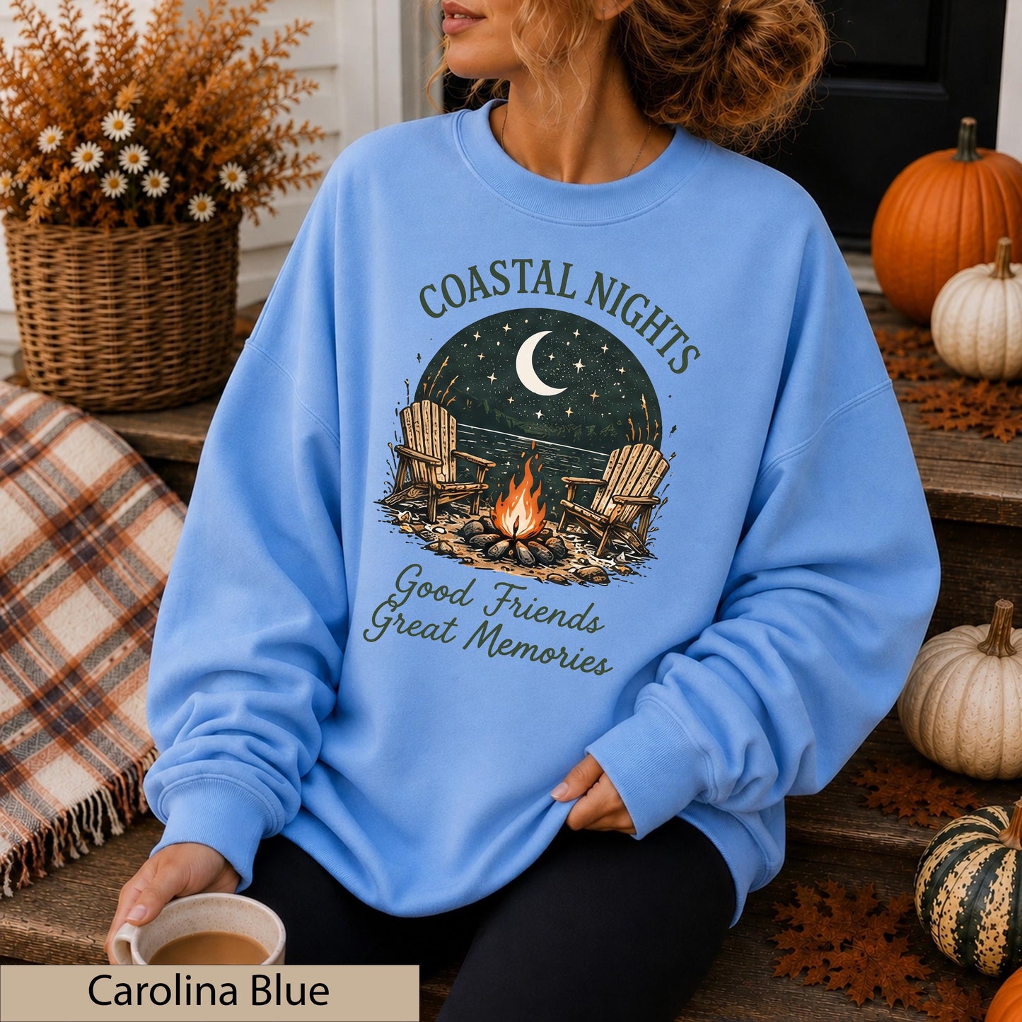 Coastal Nights Crewneck Sweatshirt, Bonfire Lake House Jumper, Friends Memories Sweater