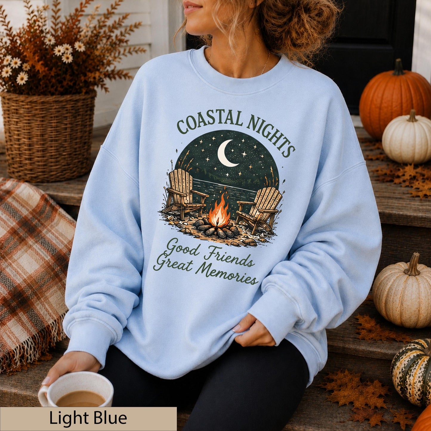 Coastal Nights Crewneck Sweatshirt, Bonfire Lake House Jumper, Friends Memories Sweater