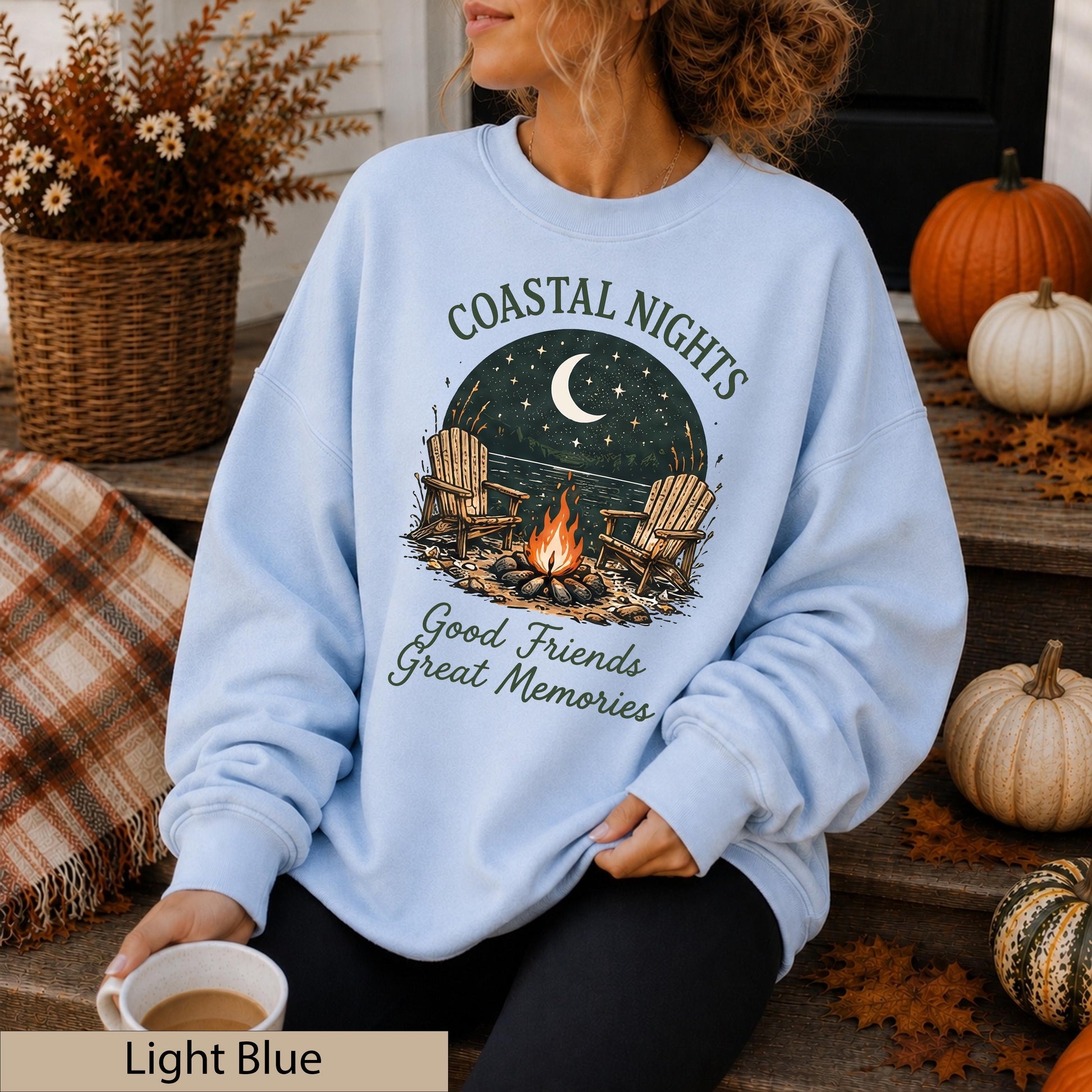 Coastal Nights Crewneck Sweatshirt, Bonfire Lake House Jumper, Friends Memories Sweater