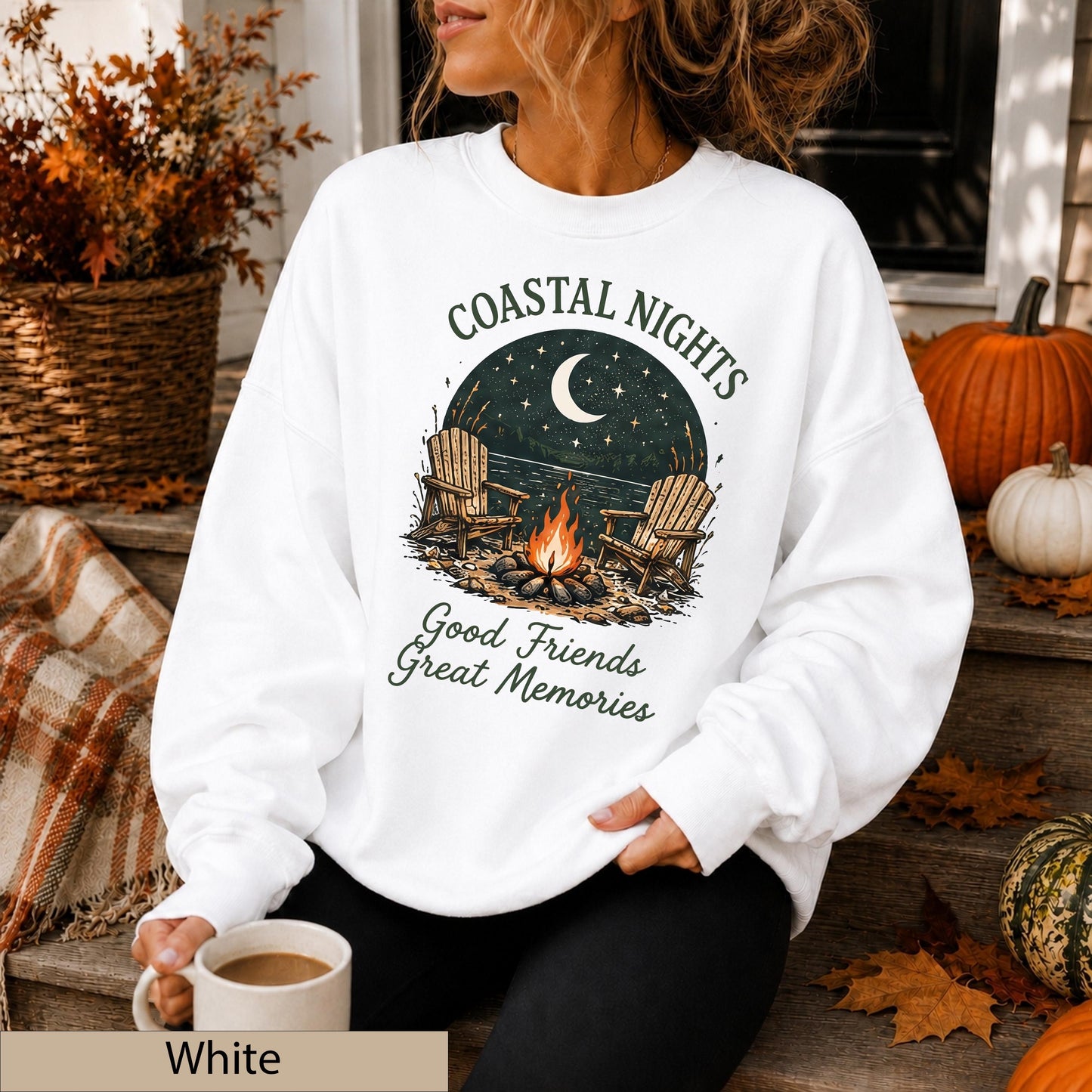 Coastal Nights Crewneck Sweatshirt, Bonfire Lake House Jumper, Friends Memories Sweater