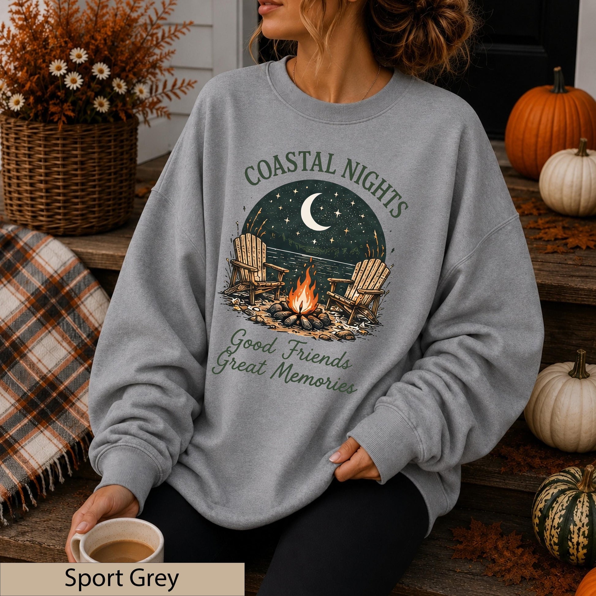Coastal Nights Crewneck Sweatshirt, Bonfire Lake House Jumper, Friends Memories Sweater
