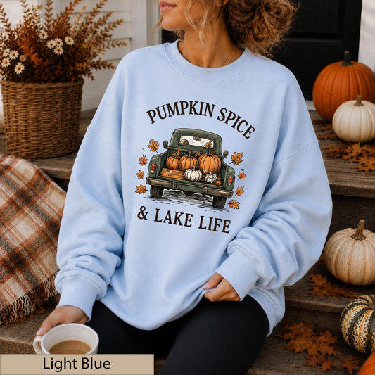 Vintage Pumpkin Truck Sweatshirt, Cozy Fall Lake Life Crewneck
