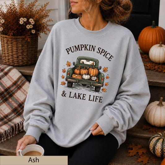 Vintage Pumpkin Truck Sweatshirt, Cozy Fall Lake Life Crewneck