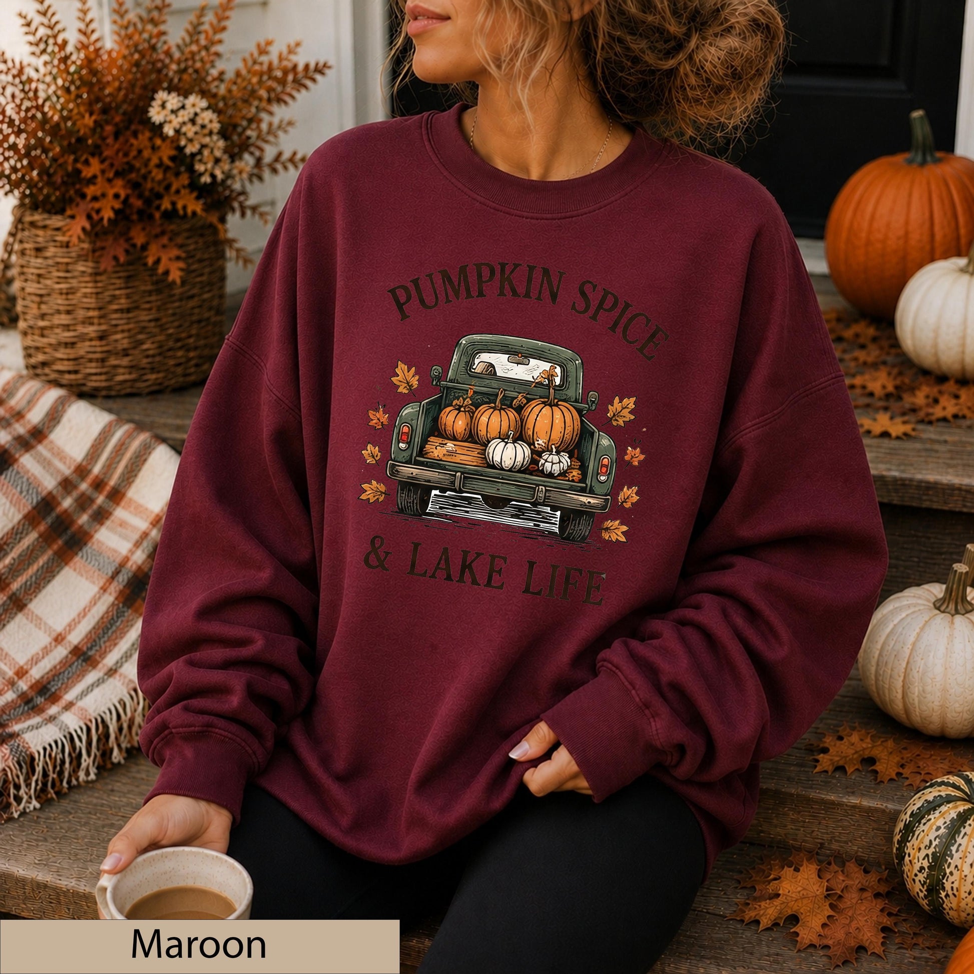 Vintage Pumpkin Truck Sweatshirt, Cozy Fall Lake Life Crewneck