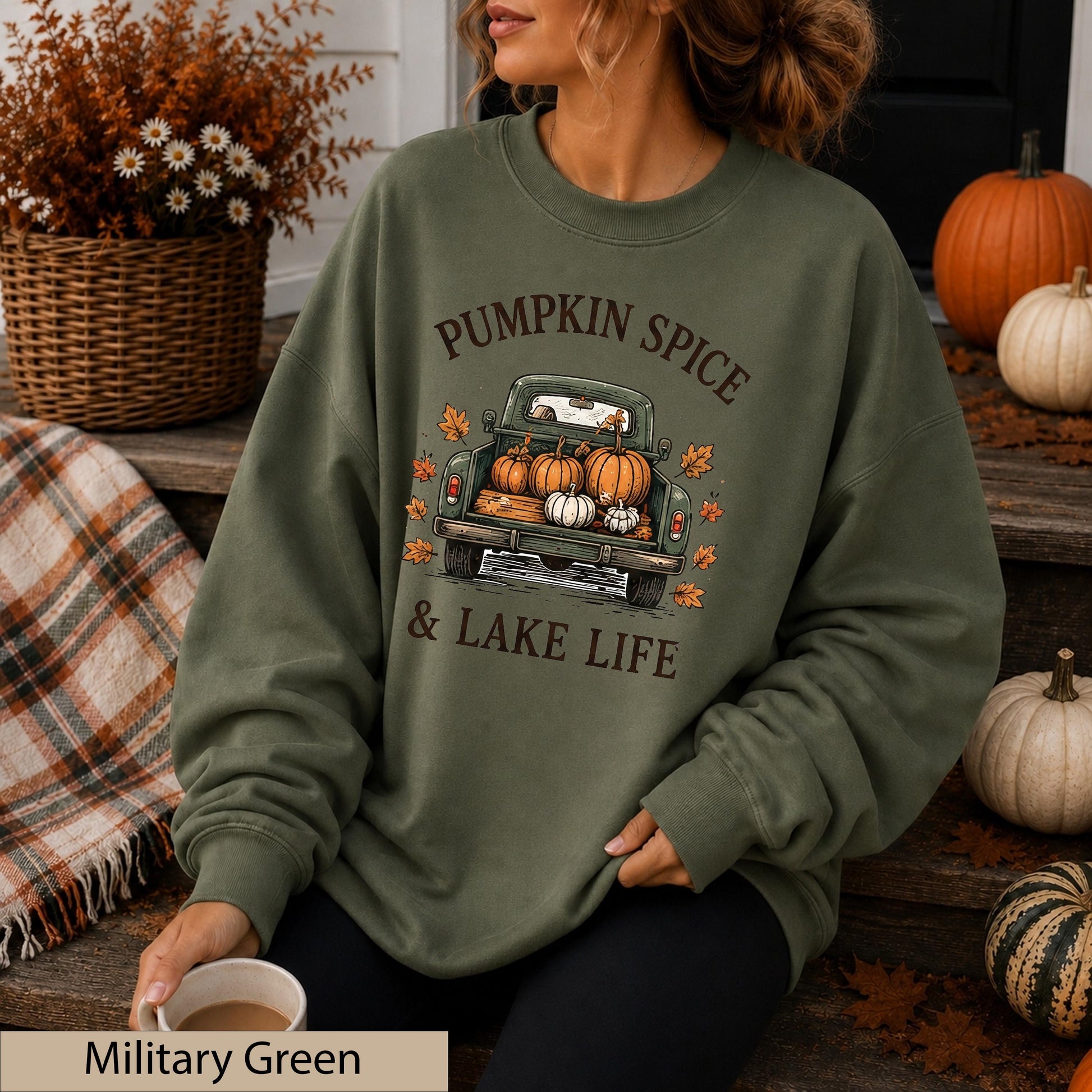 Vintage Pumpkin Truck Sweatshirt, Cozy Fall Lake Life Crewneck