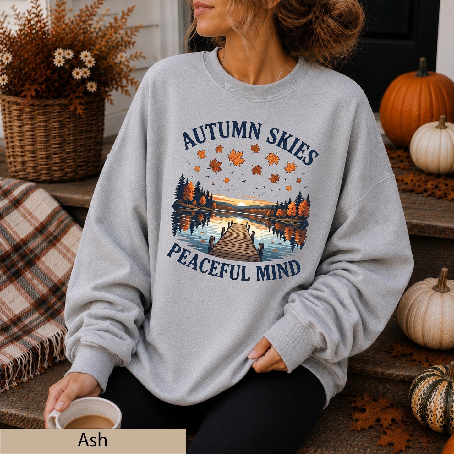 Autumn Skies Peaceful Mind Crewneck, Lakeside Sunset Landscape Sweater