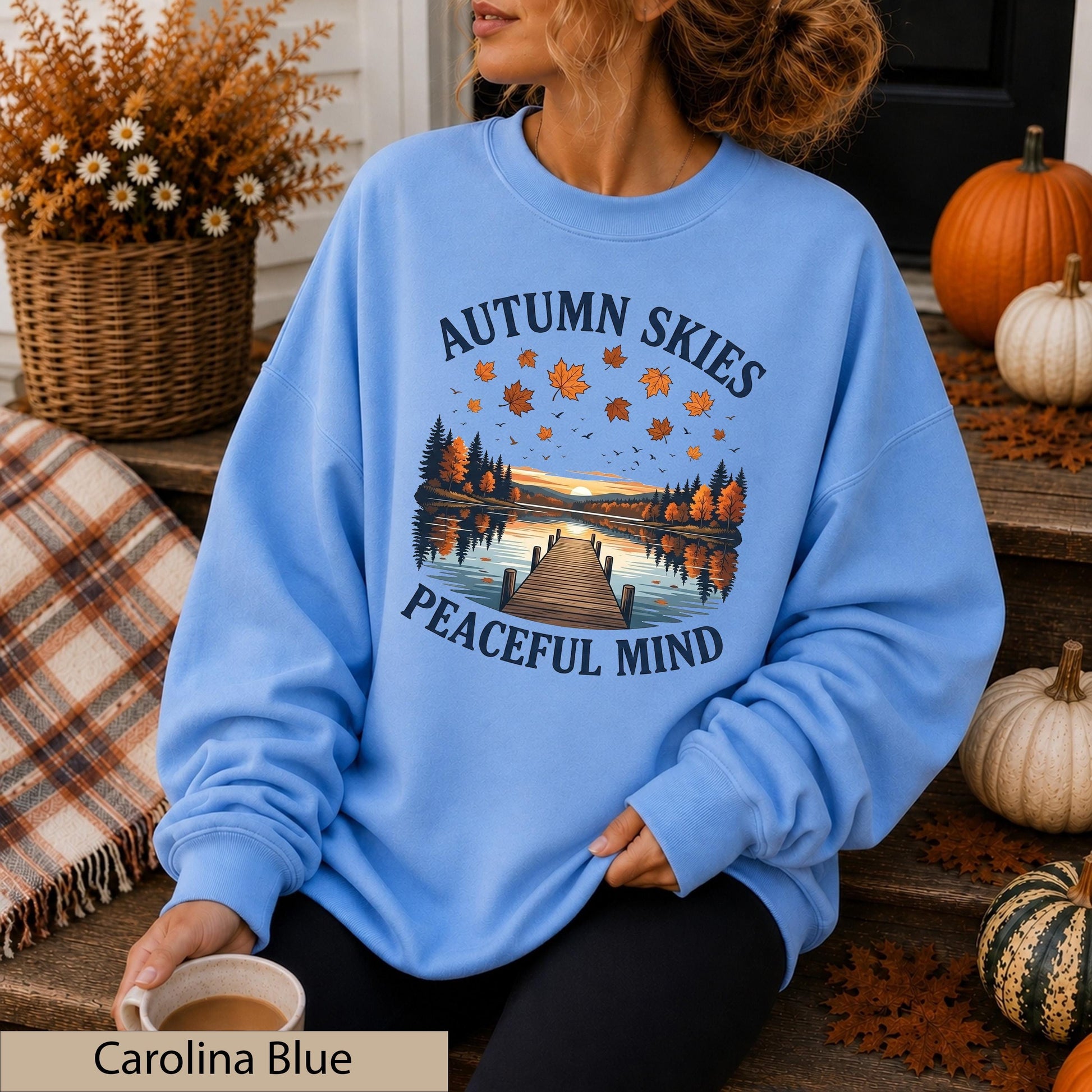 Autumn Skies Peaceful Mind Crewneck, Lakeside Sunset Landscape Sweater