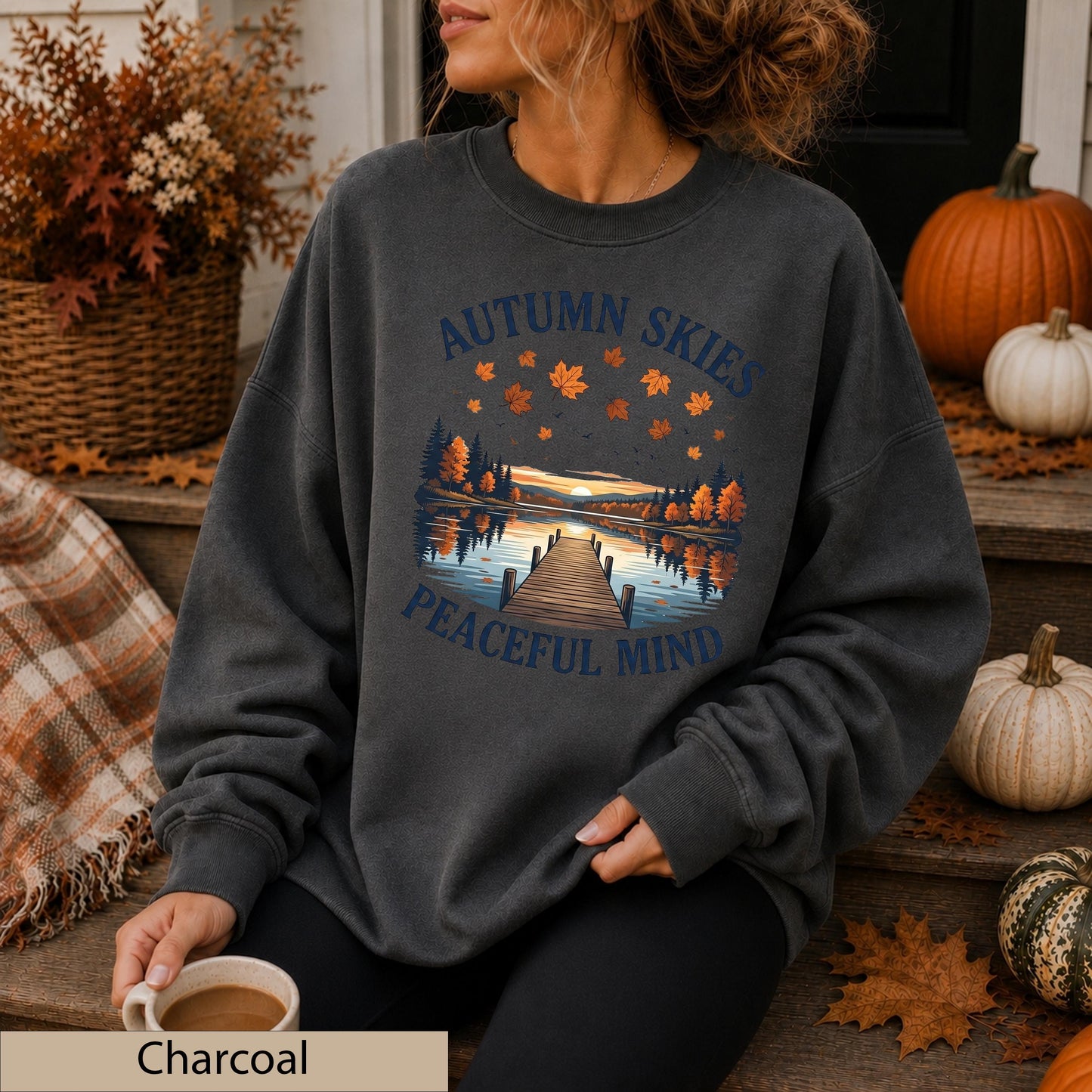 Autumn Skies Peaceful Mind Crewneck, Lakeside Sunset Landscape Sweater
