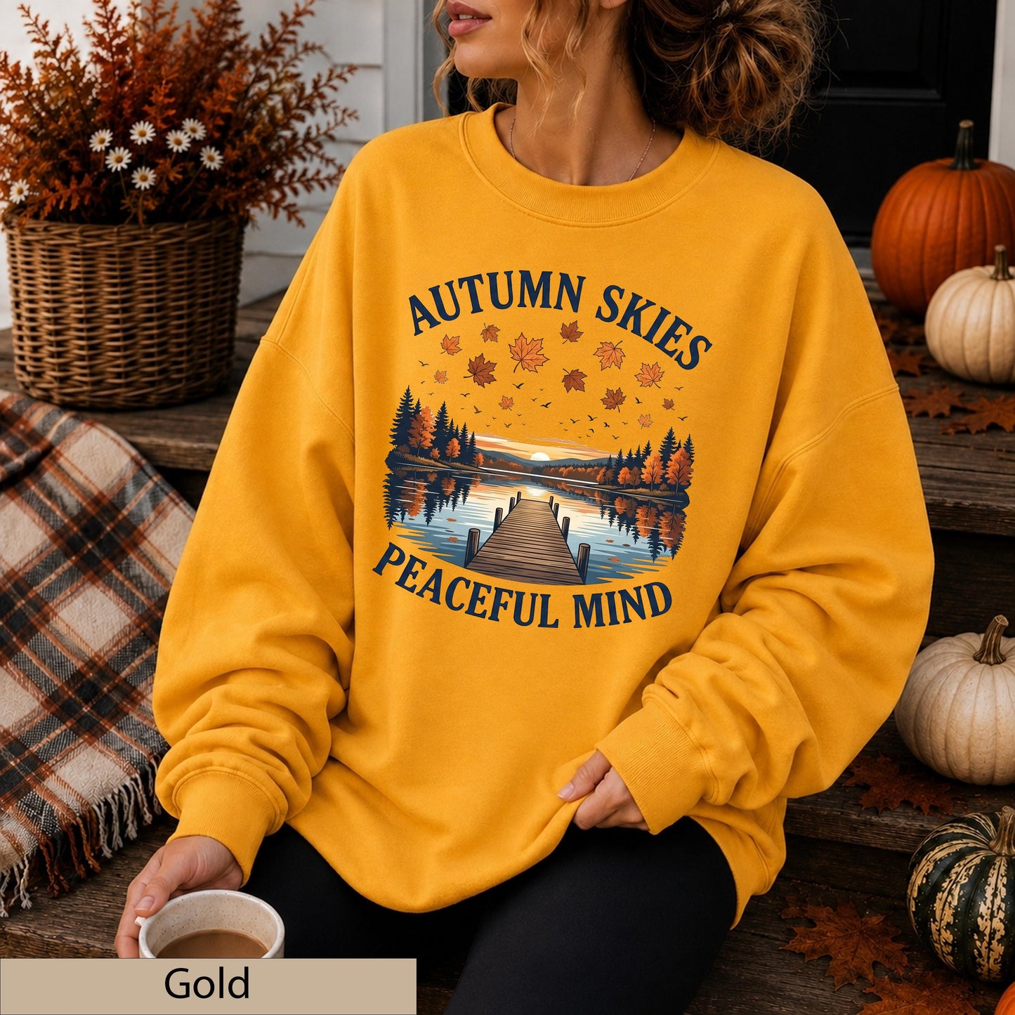 Autumn Skies Peaceful Mind Crewneck, Lakeside Sunset Landscape Sweater