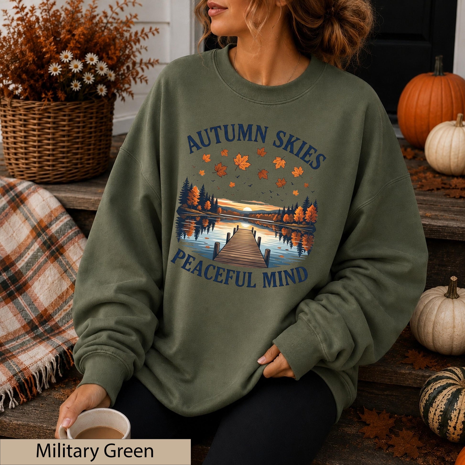 Autumn Skies Peaceful Mind Crewneck, Lakeside Sunset Landscape Sweater
