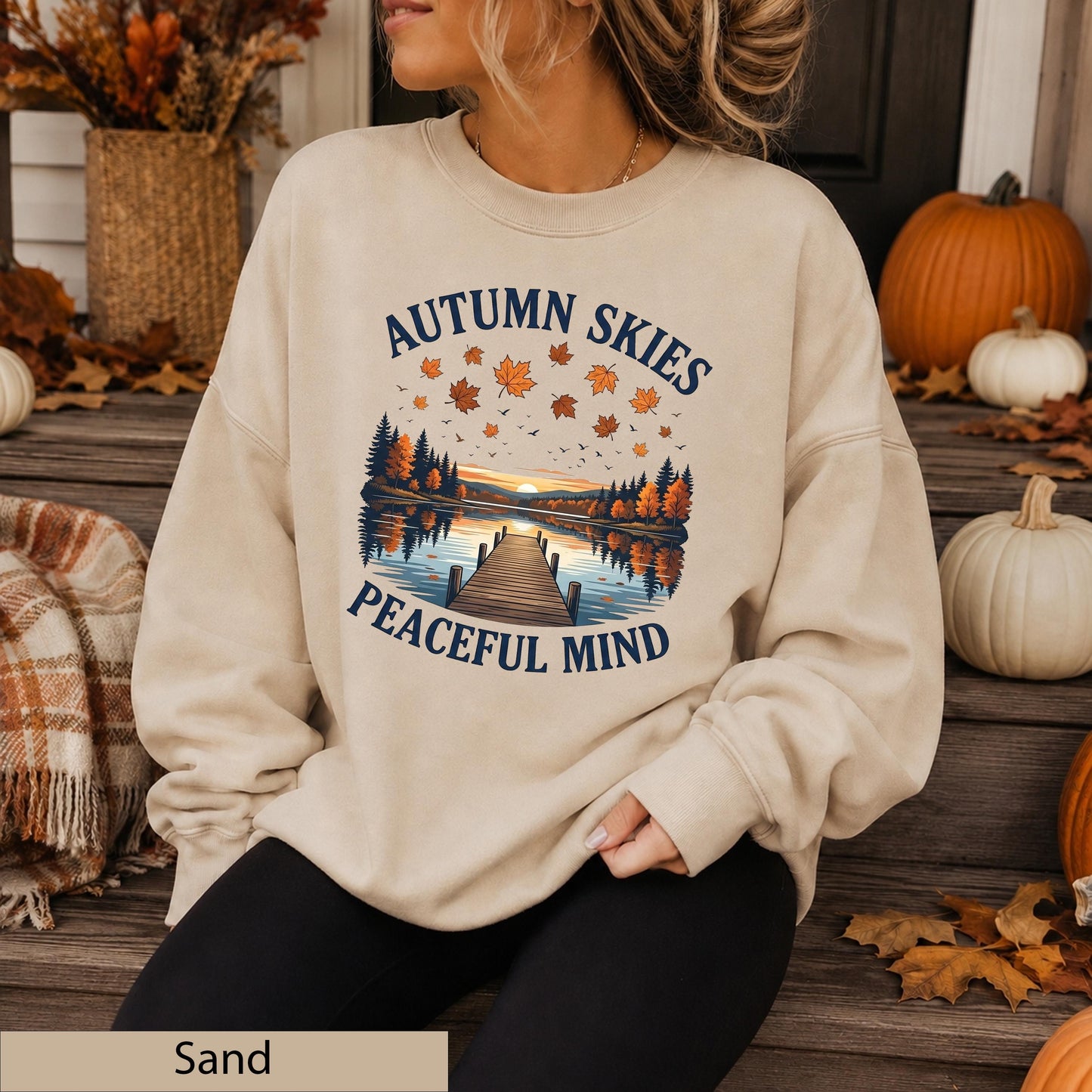 Autumn Skies Peaceful Mind Crewneck, Lakeside Sunset Landscape Sweater