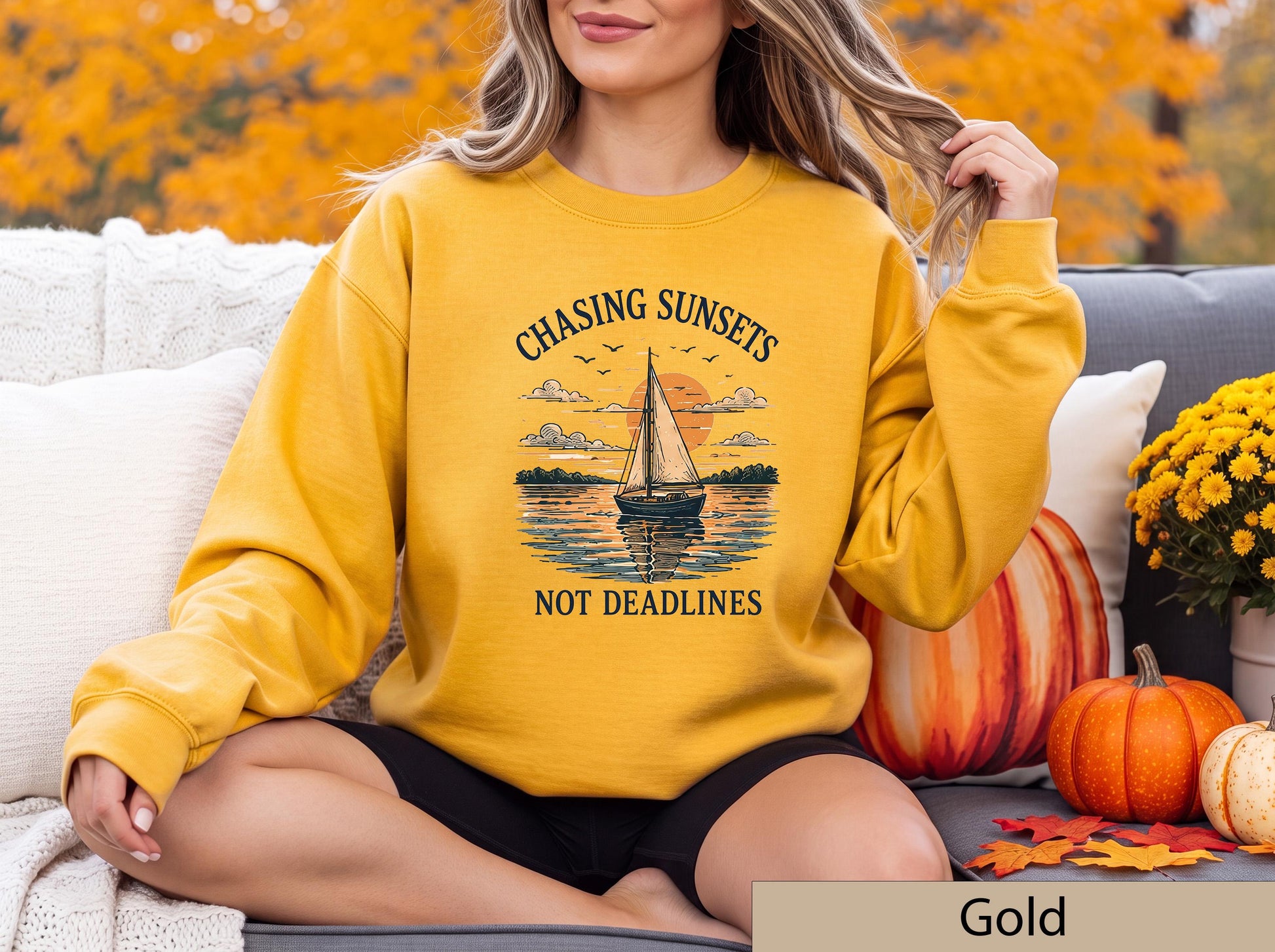 Chasing Sunsets Not Deadlines Sweatshirt, Sailboat Lake House Crewneck, Nautical Sunset Sweater