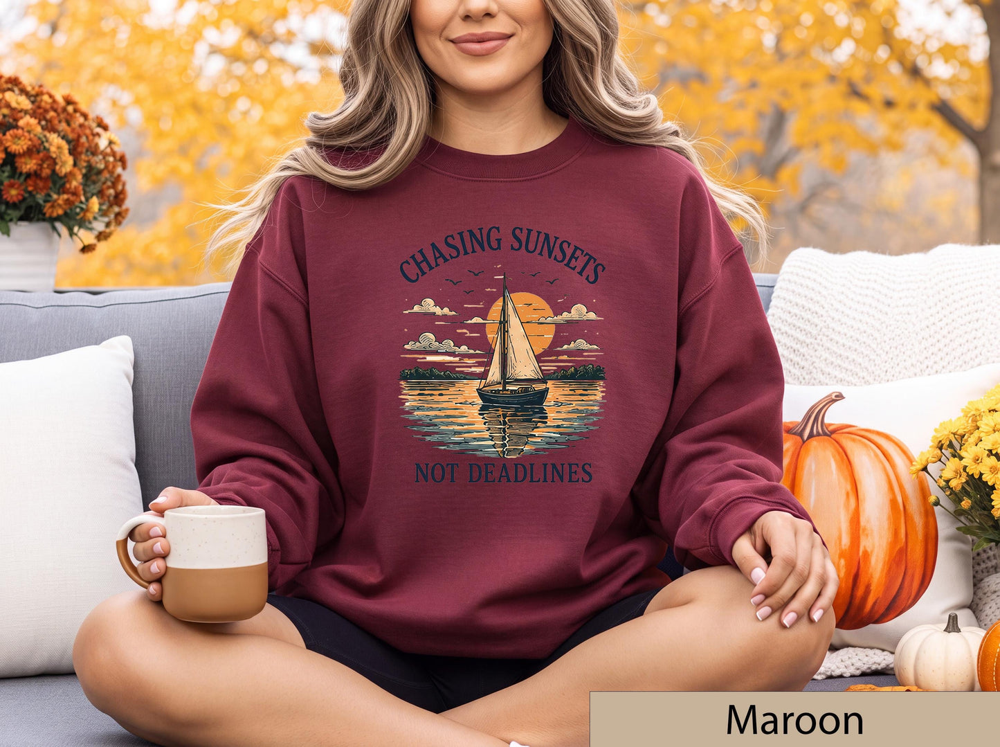 Chasing Sunsets Not Deadlines Sweatshirt, Sailboat Lake House Crewneck, Nautical Sunset Sweater