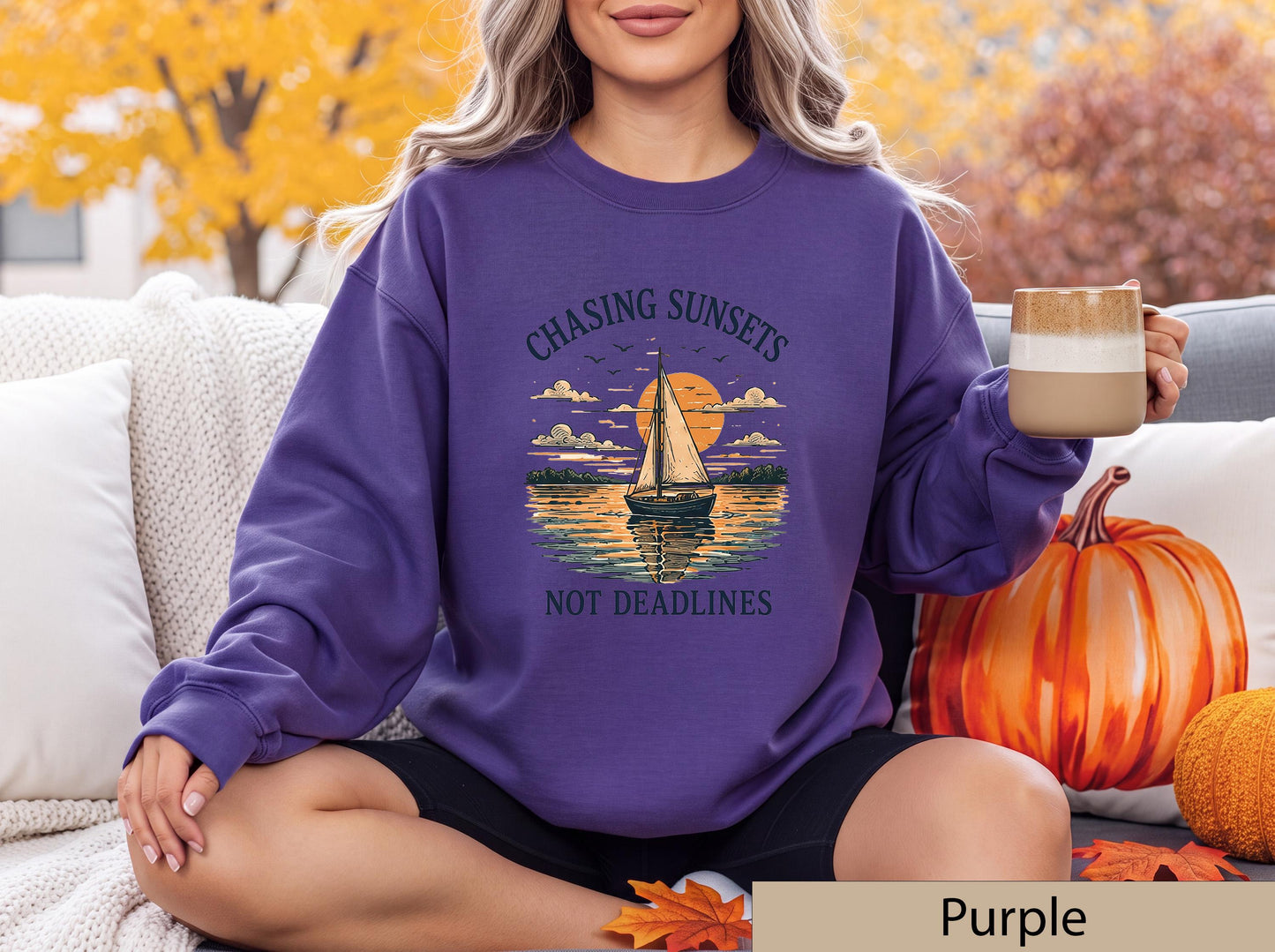 Chasing Sunsets Not Deadlines Sweatshirt, Sailboat Lake House Crewneck, Nautical Sunset Sweater