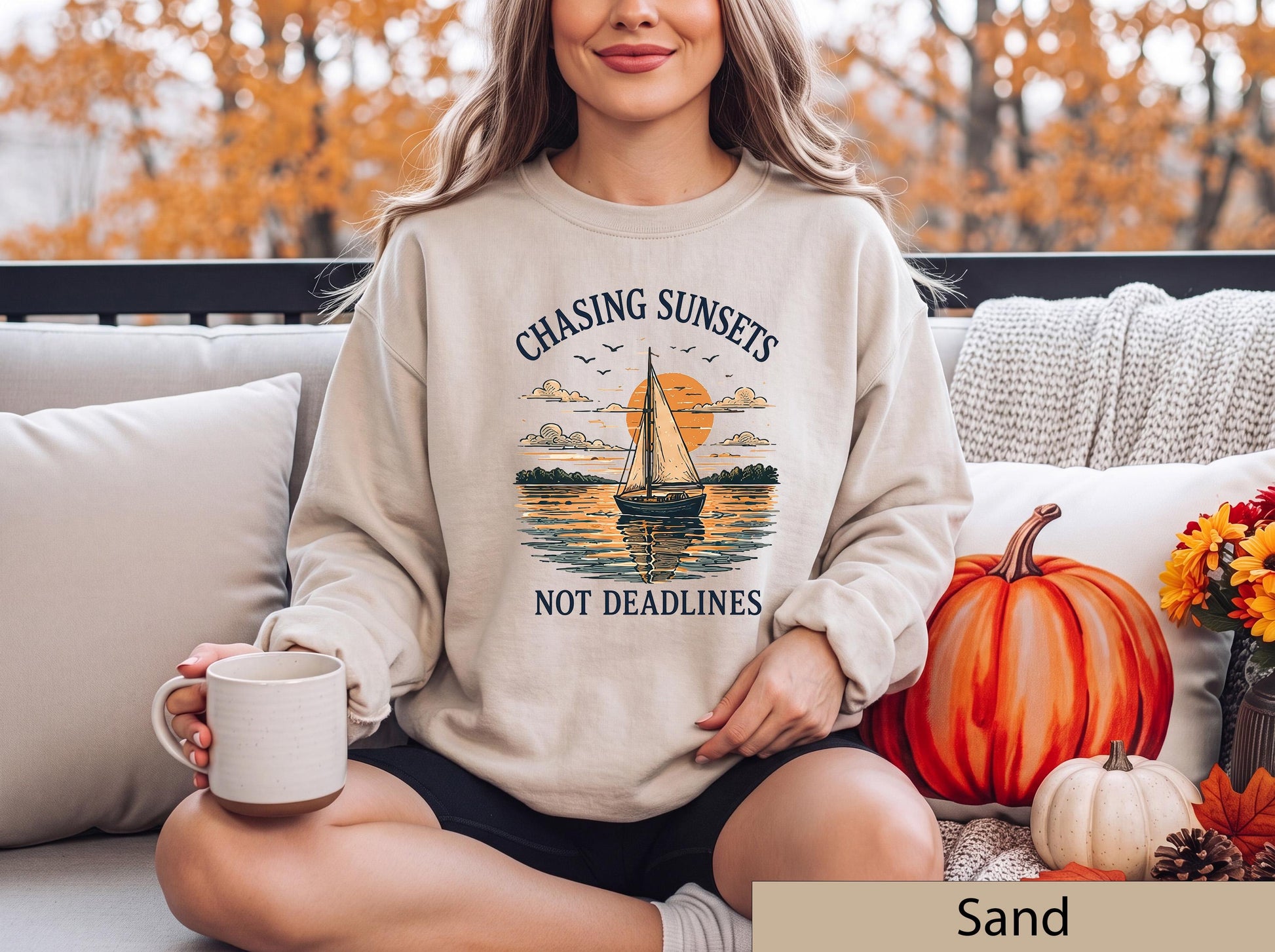 Chasing Sunsets Not Deadlines Sweatshirt, Sailboat Lake House Crewneck, Nautical Sunset Sweater