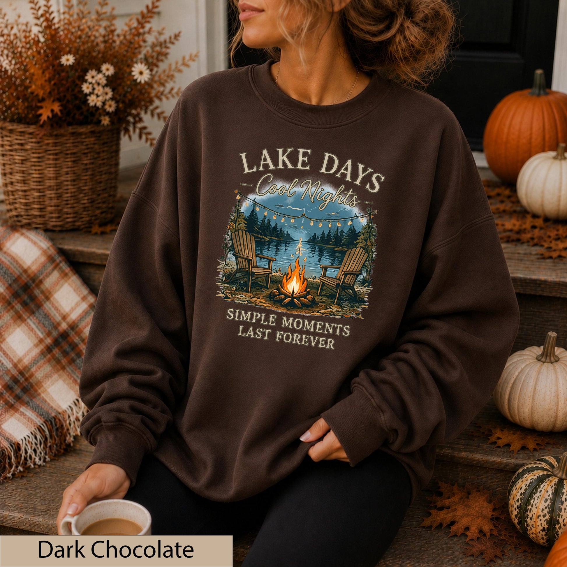 Lake Days Crisp Nights Crewneck Sweatshirt, Lakeside Campfire Cabin Sweater