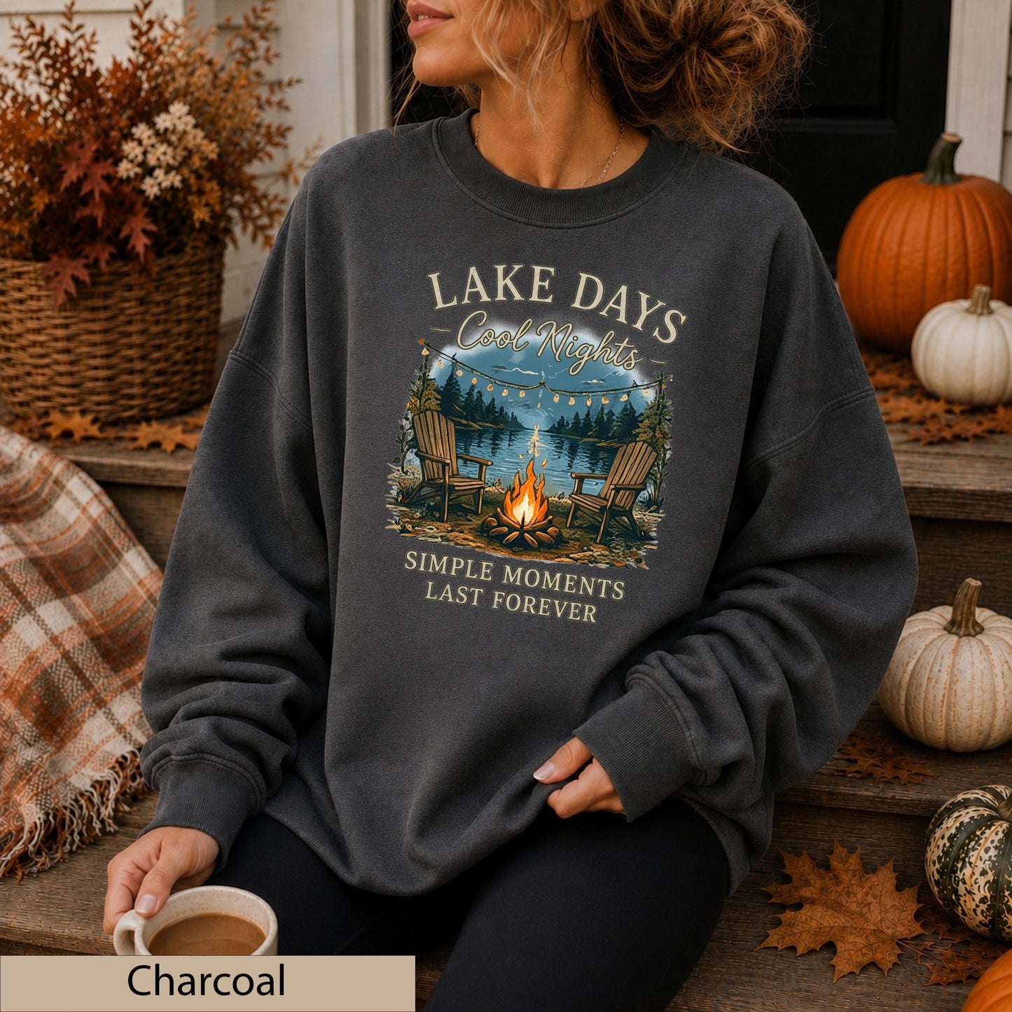 Lake Days Crisp Nights Crewneck Sweatshirt, Lakeside Campfire Cabin Sweater