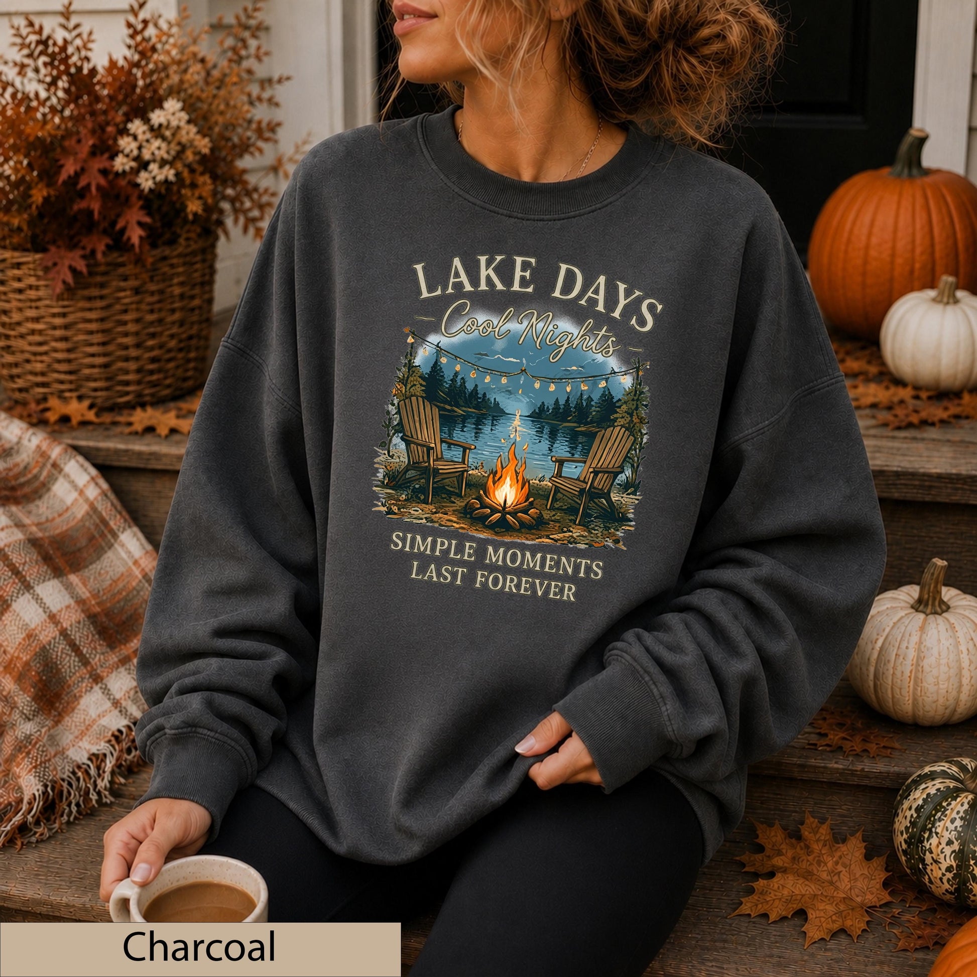 Lake Days Crisp Nights Crewneck Sweatshirt, Lakeside Campfire Cabin Sweater