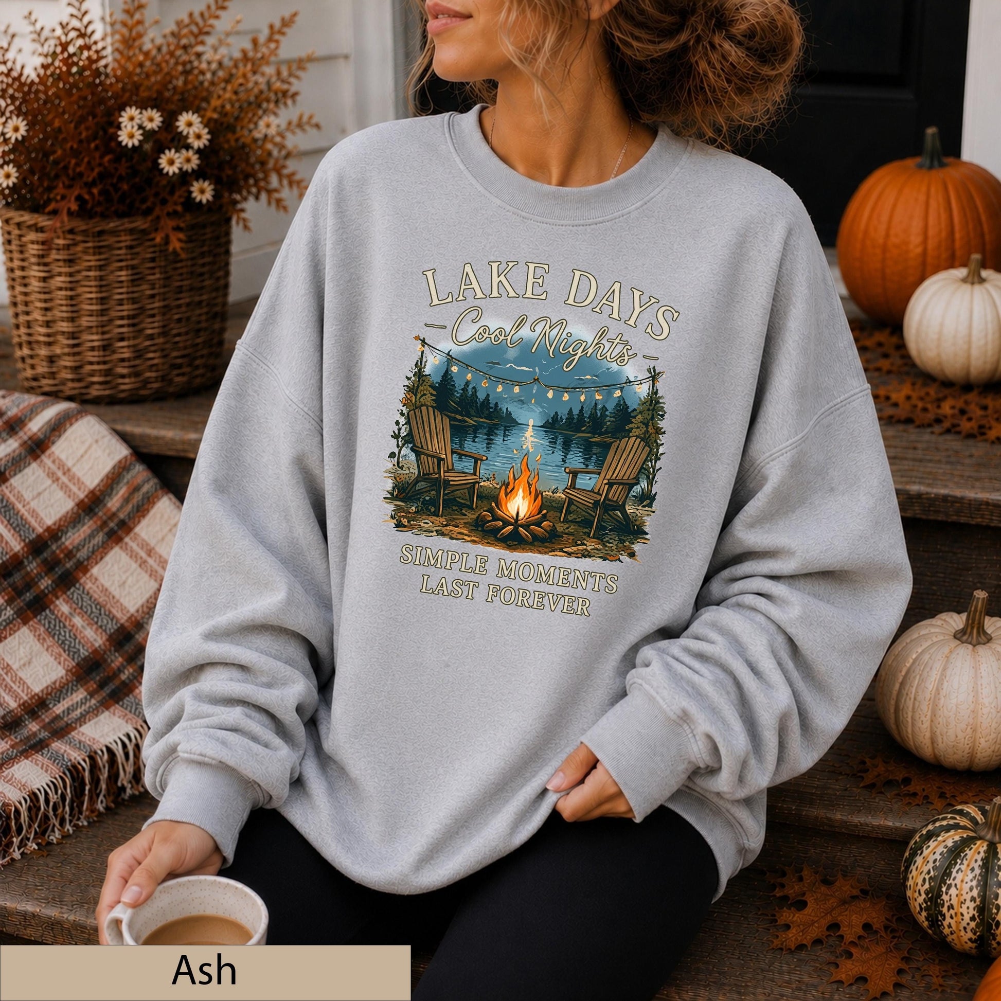 Lake Days Crisp Nights Crewneck Sweatshirt, Lakeside Campfire Cabin Sweater