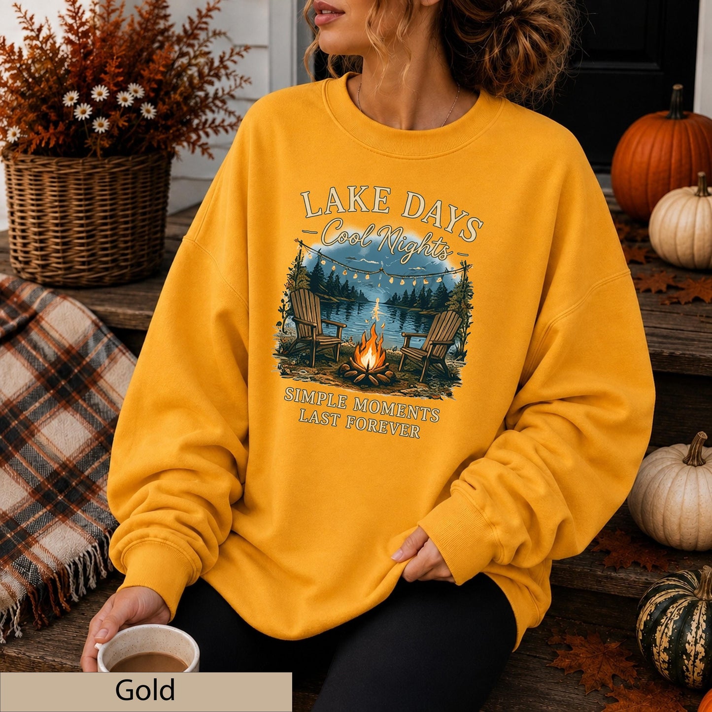 Lake Days Crisp Nights Crewneck Sweatshirt, Lakeside Campfire Cabin Sweater