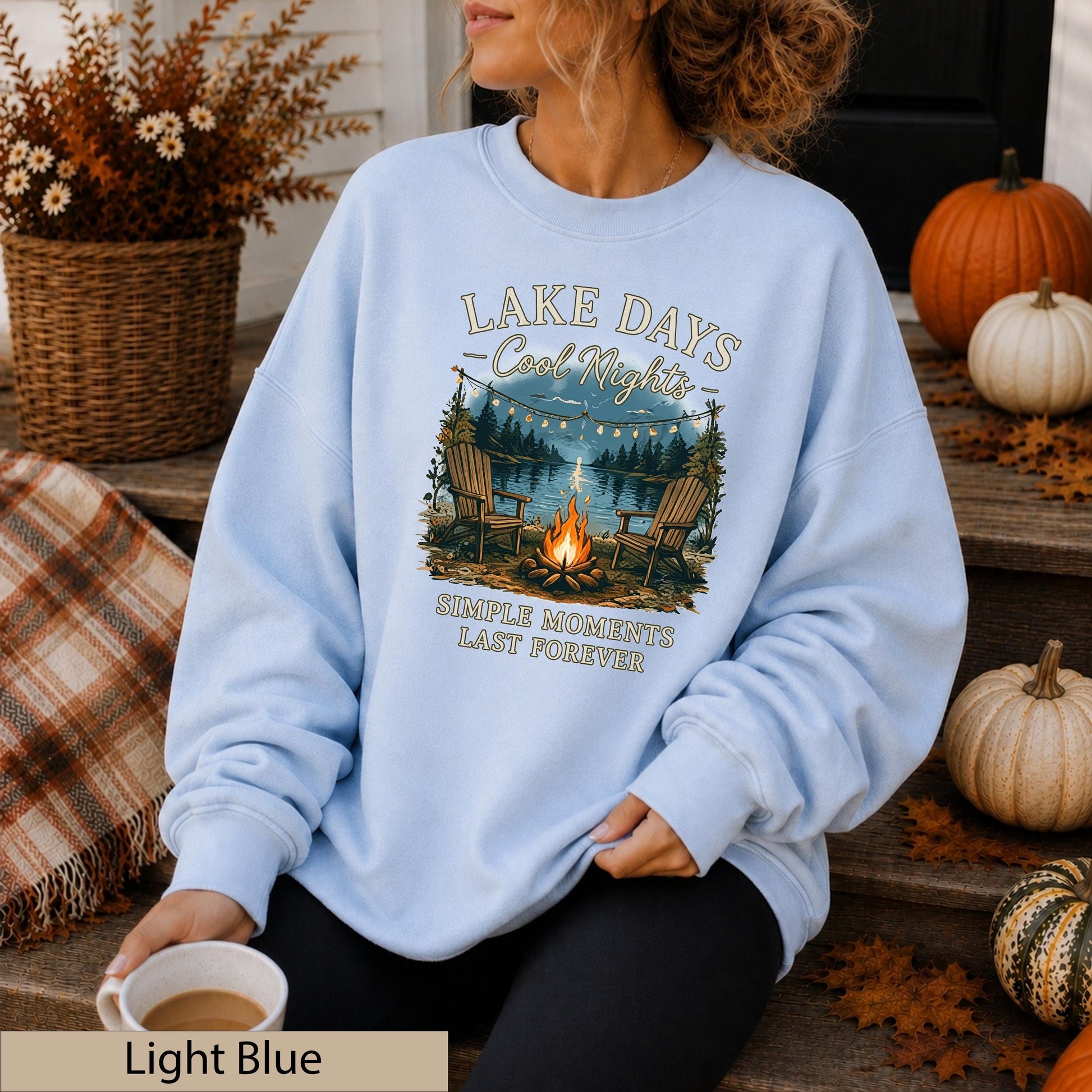 Lake Days Crisp Nights Crewneck Sweatshirt, Lakeside Campfire Cabin Sweater