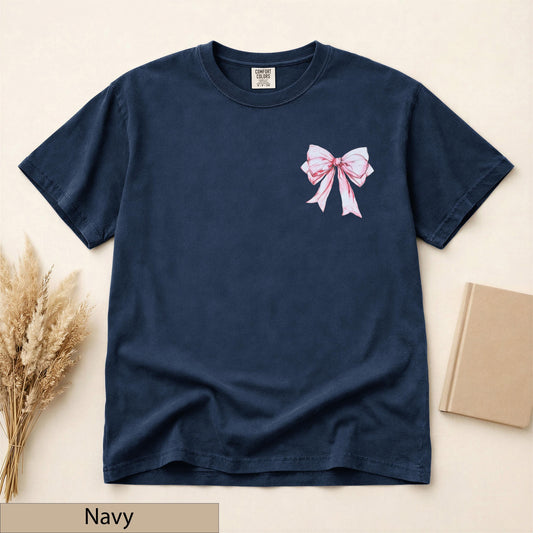 Pink Coquette Bow Pocket Tee, Watercolor Ribbon Shirt, Comfort Colors Cotton T-Shirt