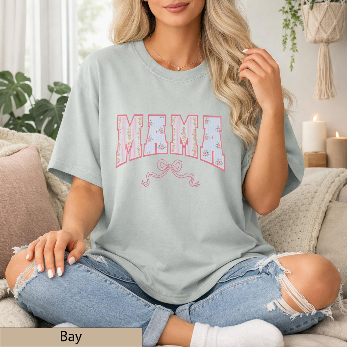 Mama Floral Bow Tee Comfort Colors T-Shirt, Soft Cotton Feminine T-Shirt, Dainty Patterned Top