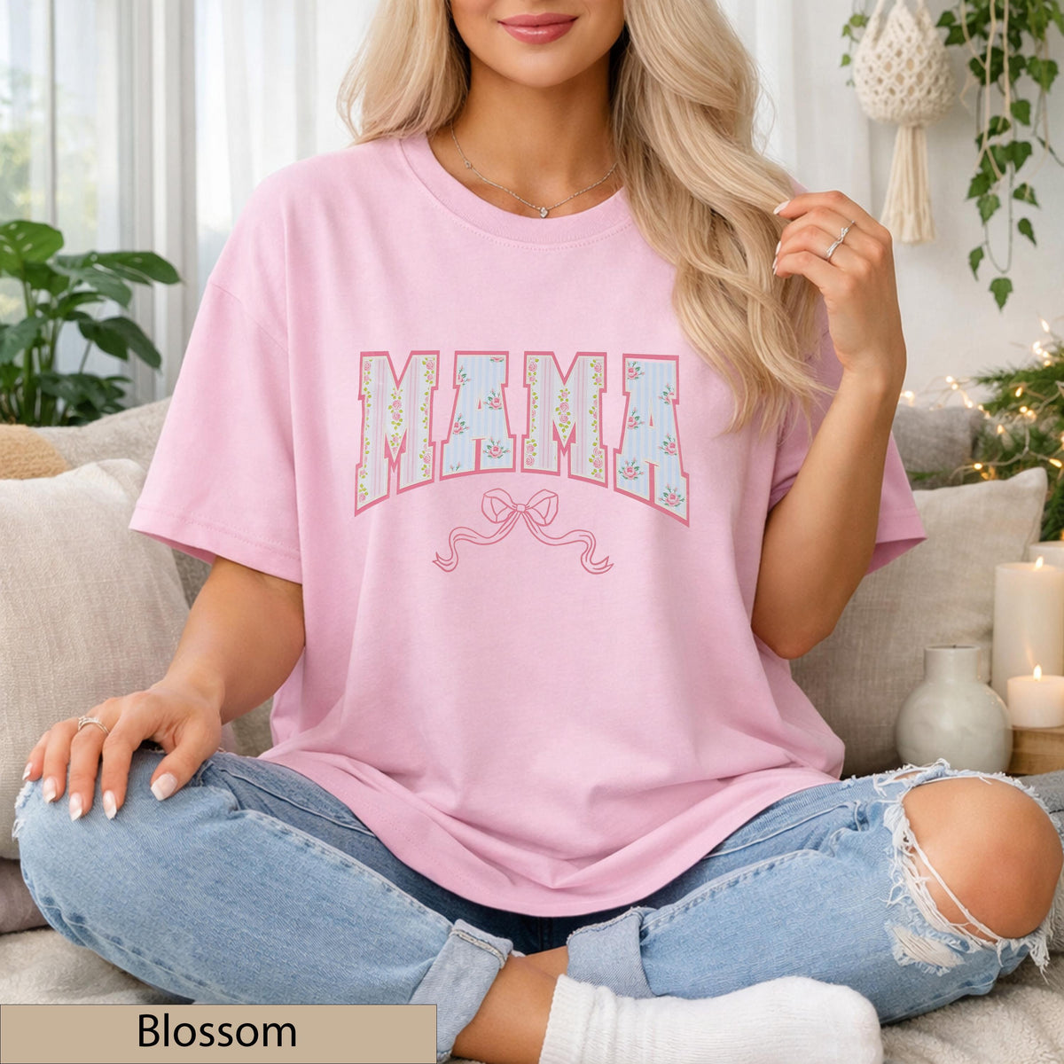 Mama Floral Bow Tee Comfort Colors T-Shirt, Soft Cotton Feminine T-Shirt, Dainty Patterned Top