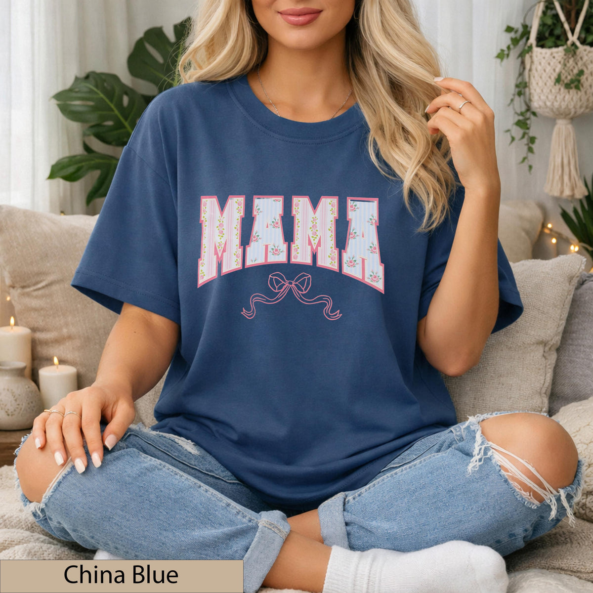 Mama Floral Bow Tee Comfort Colors T-Shirt, Soft Cotton Feminine T-Shirt, Dainty Patterned Top
