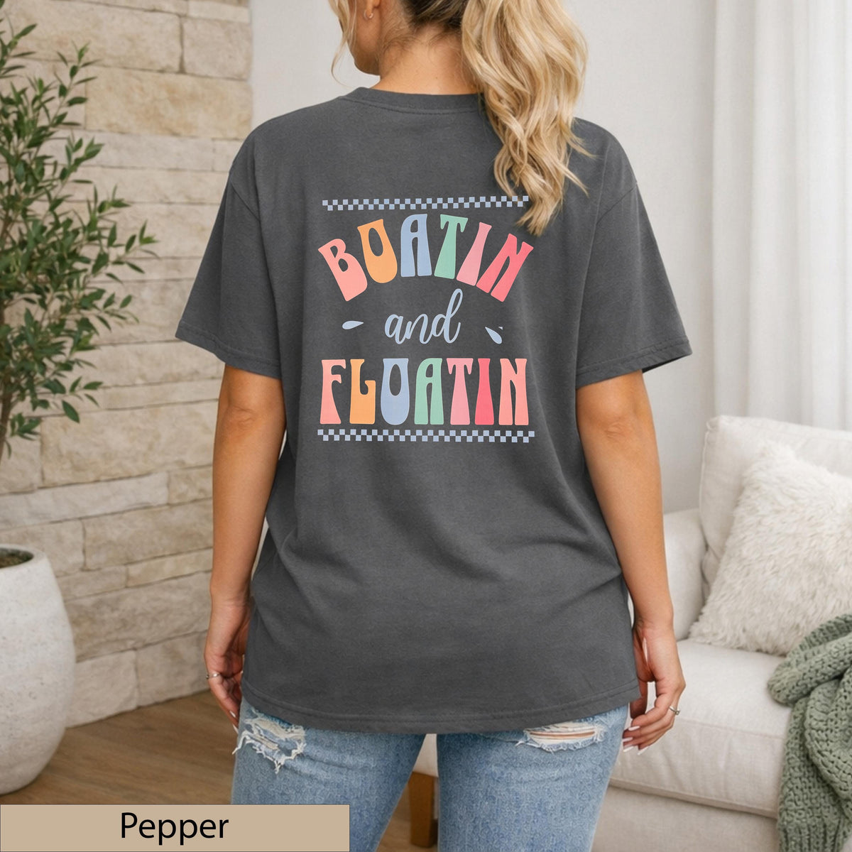 Boatin and Floatin Retro Lake Life T-Shirt, Dual-Graphic Coastal Sunset Top