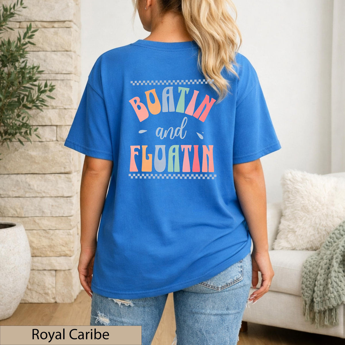 Boatin and Floatin Retro Lake Life T-Shirt, Dual-Graphic Coastal Sunset Top