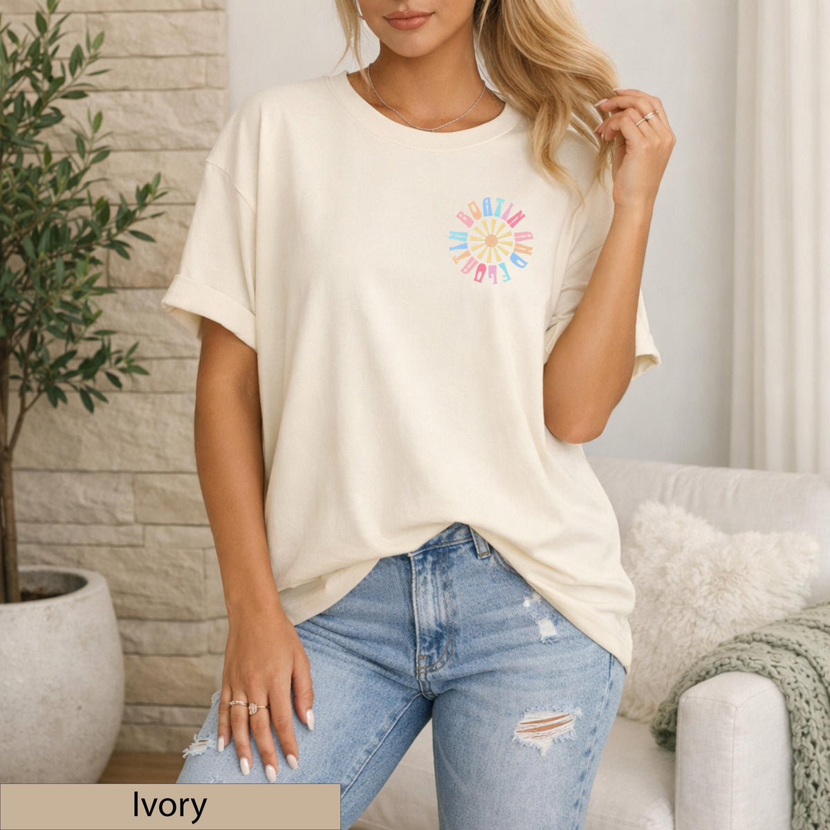Boatin and Floatin Retro Lake Life T-Shirt, Dual-Graphic Coastal Sunset Top