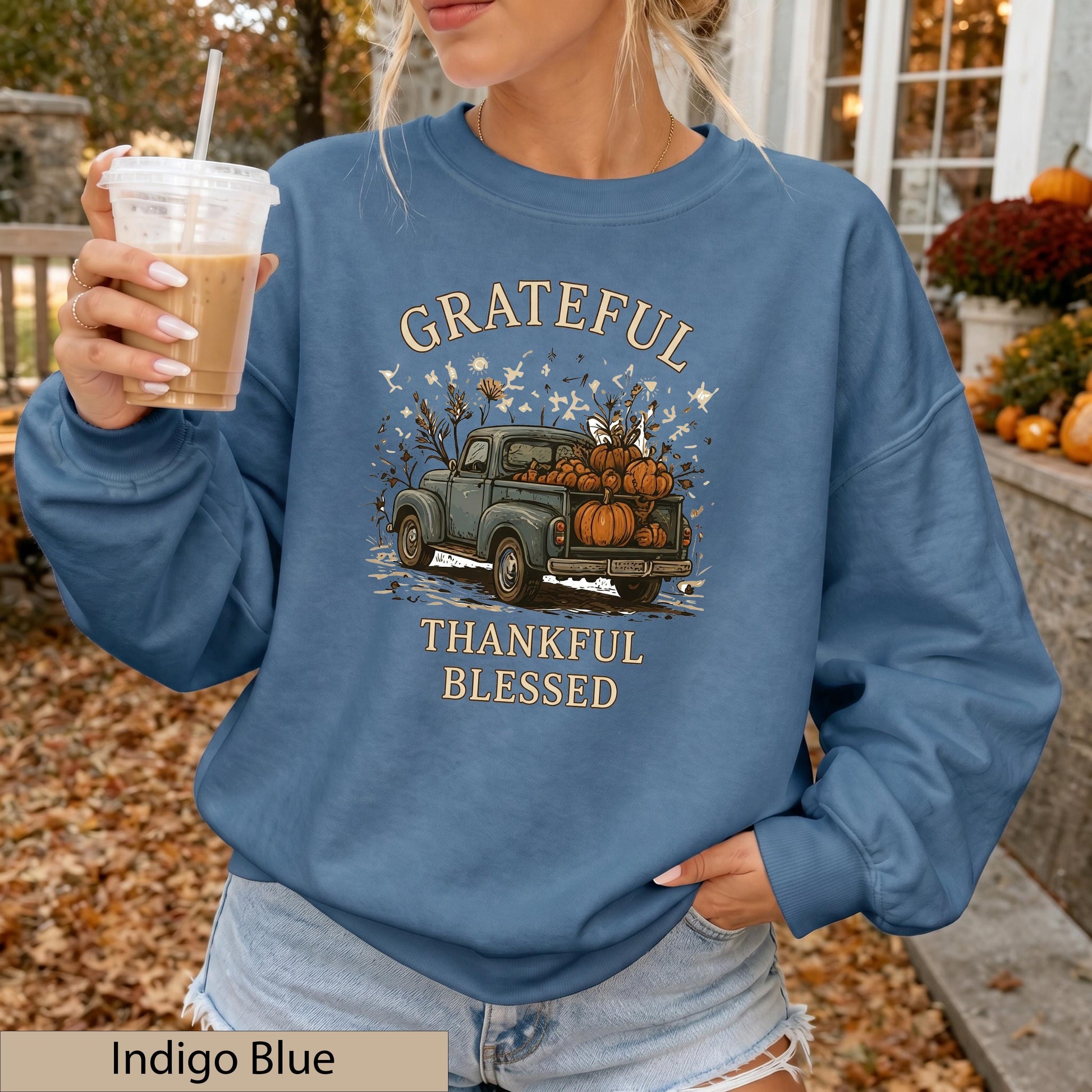 Grateful Thankful Blessed Sweatshirt, Vintage Pumpkin Truck Crewneck, Cozy Fall Harvest Sweater