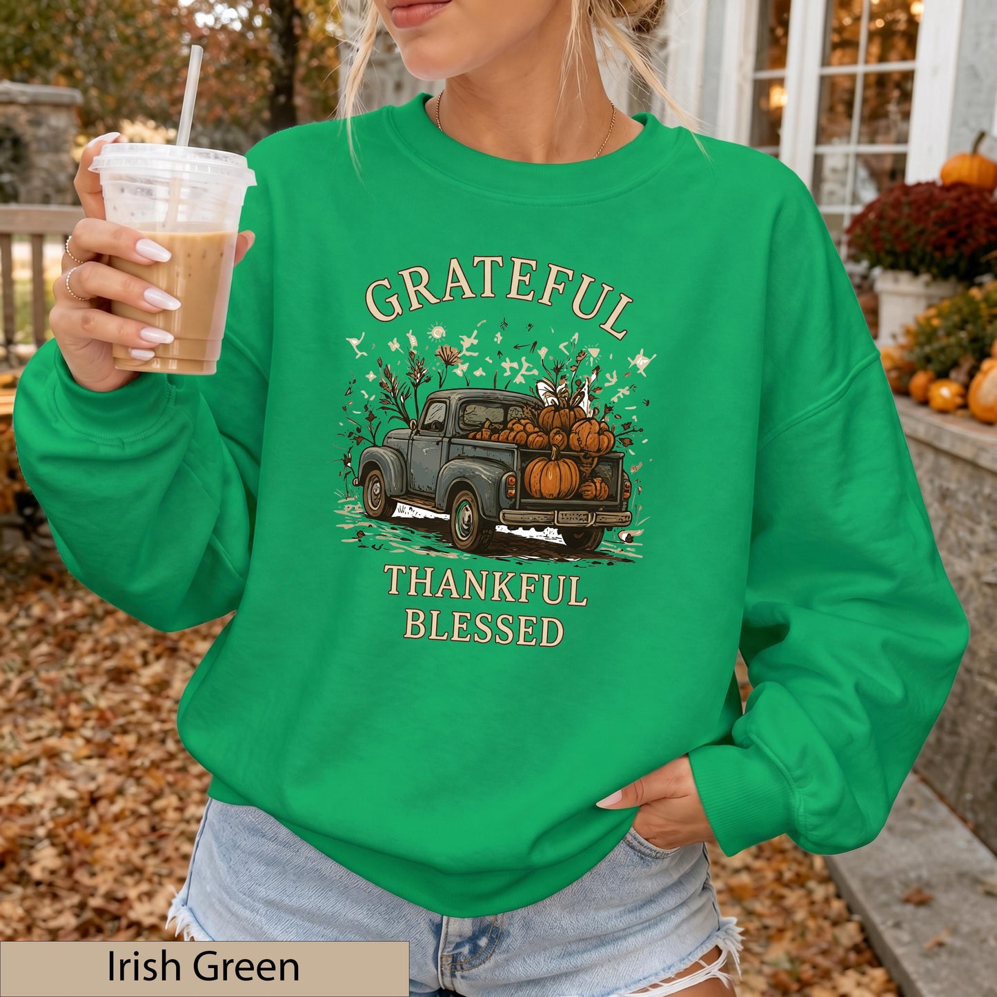 Grateful Thankful Blessed Sweatshirt, Vintage Pumpkin Truck Crewneck, Cozy Fall Harvest Sweater