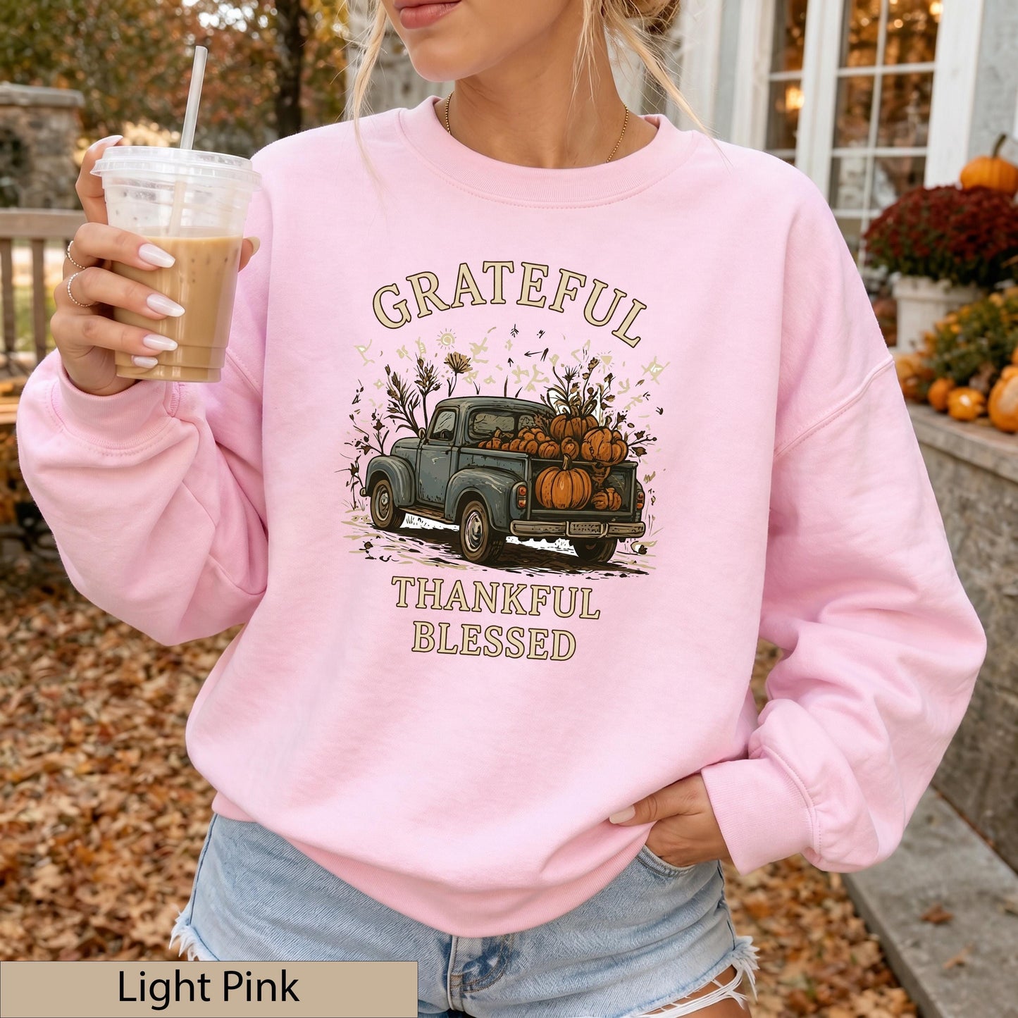 Grateful Thankful Blessed Sweatshirt, Vintage Pumpkin Truck Crewneck, Cozy Fall Harvest Sweater