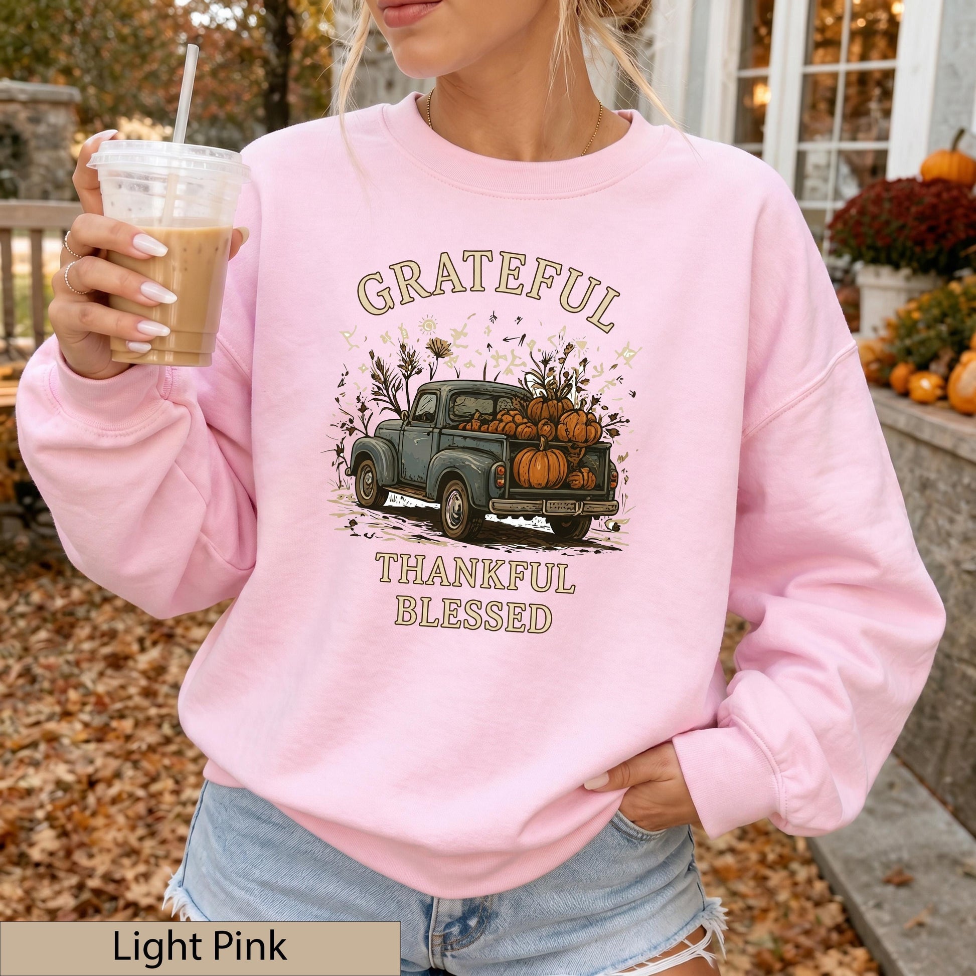 Grateful Thankful Blessed Sweatshirt, Vintage Pumpkin Truck Crewneck, Cozy Fall Harvest Sweater