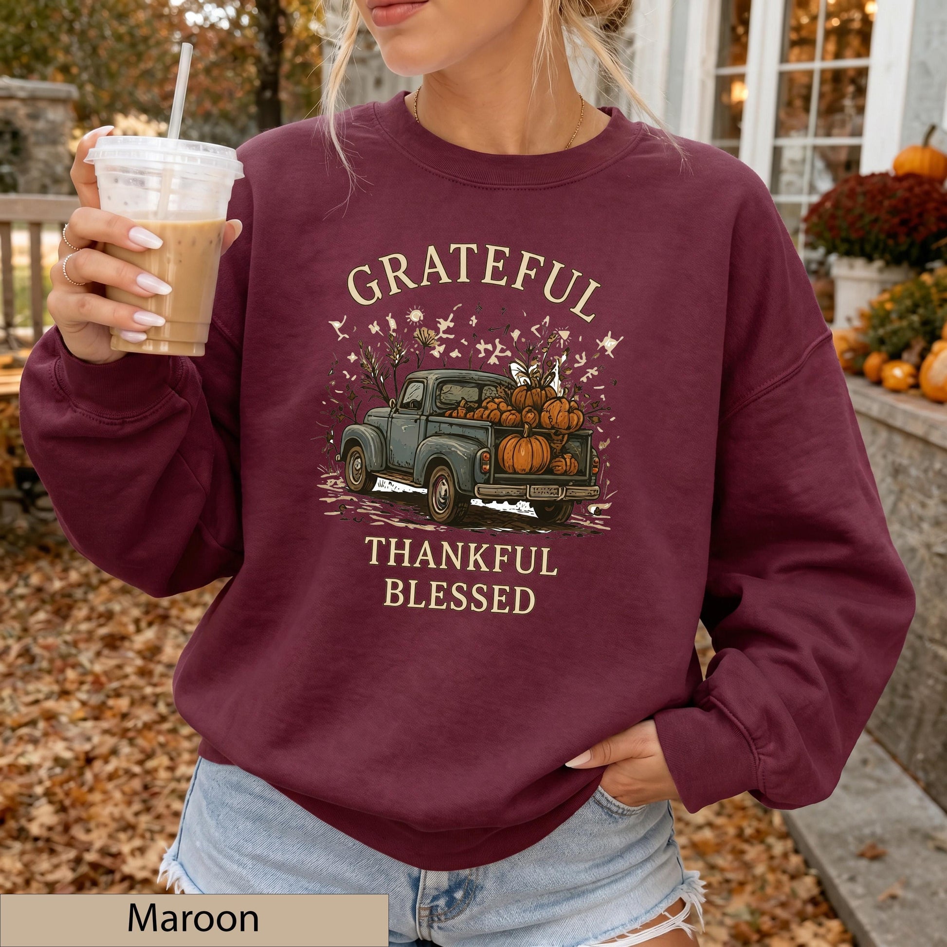 Grateful Thankful Blessed Sweatshirt, Vintage Pumpkin Truck Crewneck, Cozy Fall Harvest Sweater