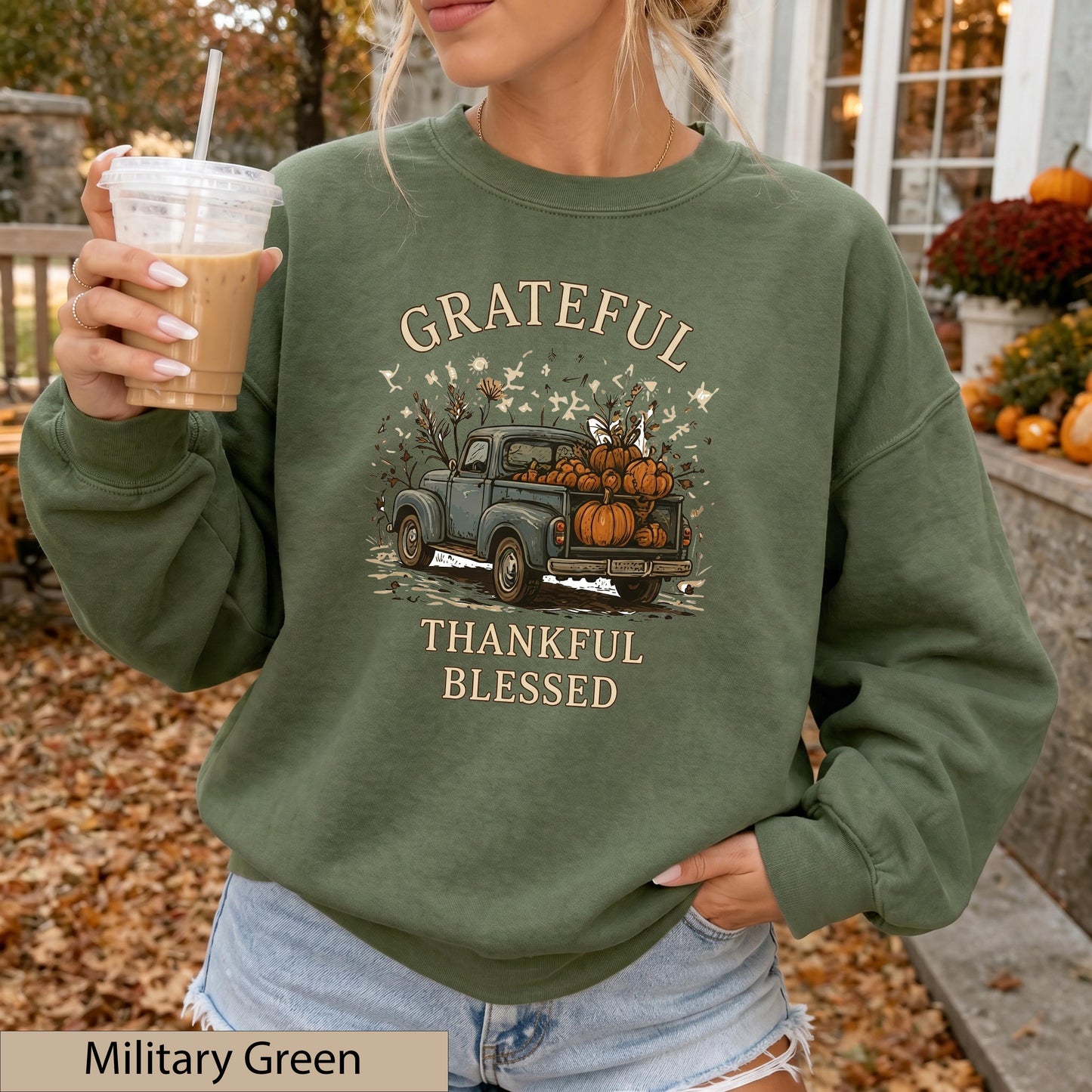 Grateful Thankful Blessed Sweatshirt, Vintage Pumpkin Truck Crewneck, Cozy Fall Harvest Sweater