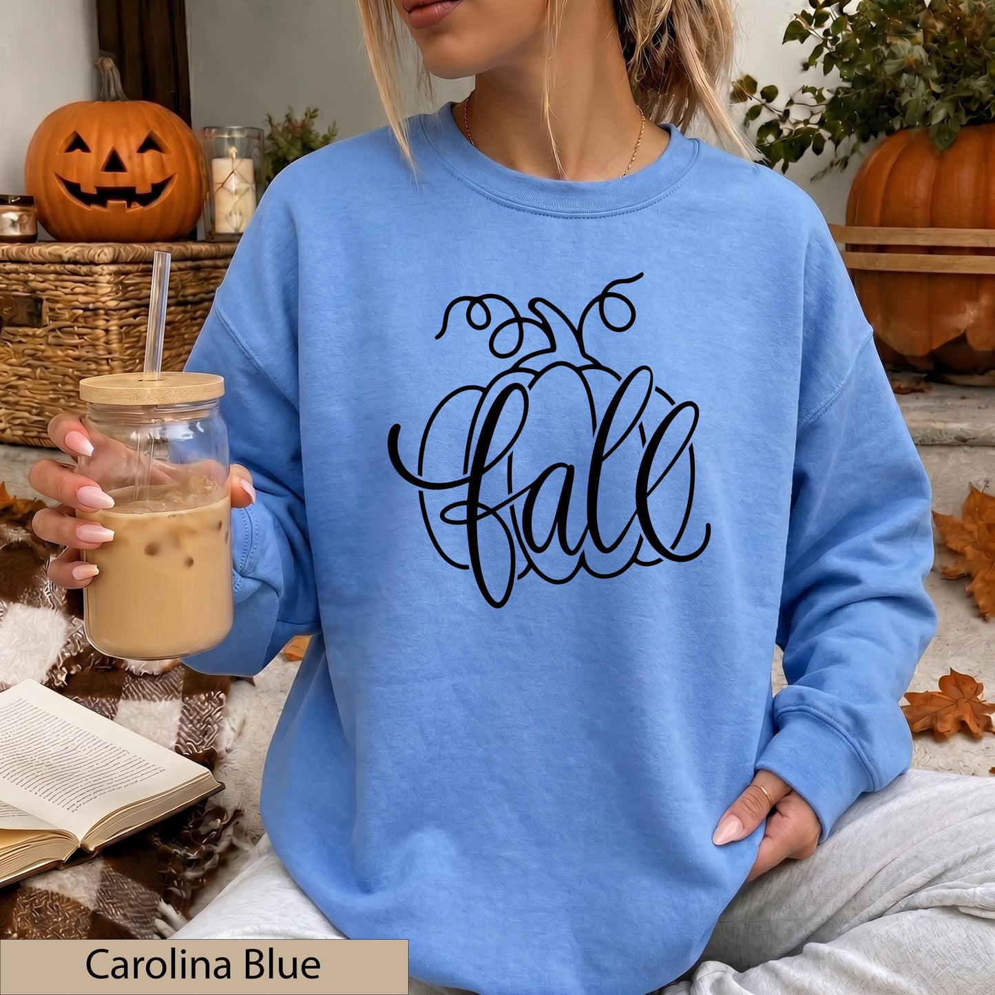 Orange Fall Pumpkin Script Sweatshirt, Cozy Autumn Crewneck Sweater