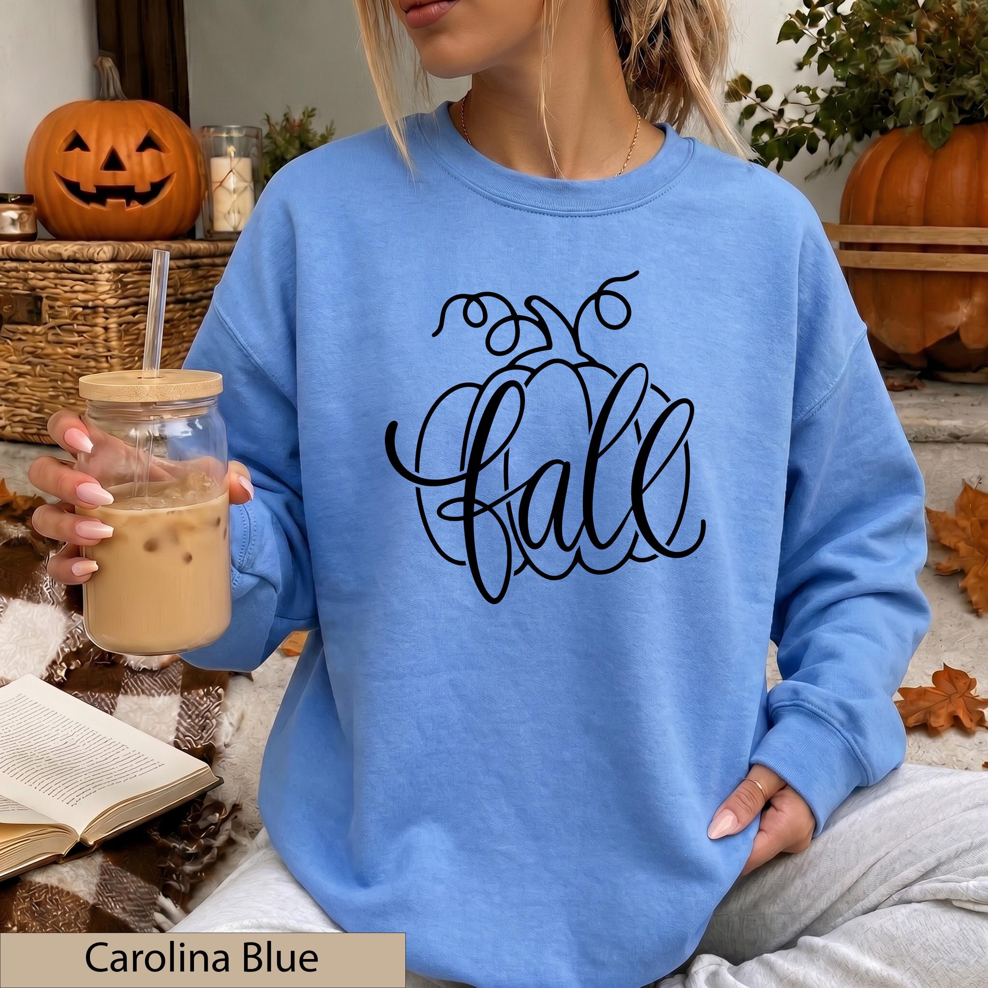 Orange Fall Pumpkin Script Sweatshirt, Cozy Autumn Crewneck Sweater