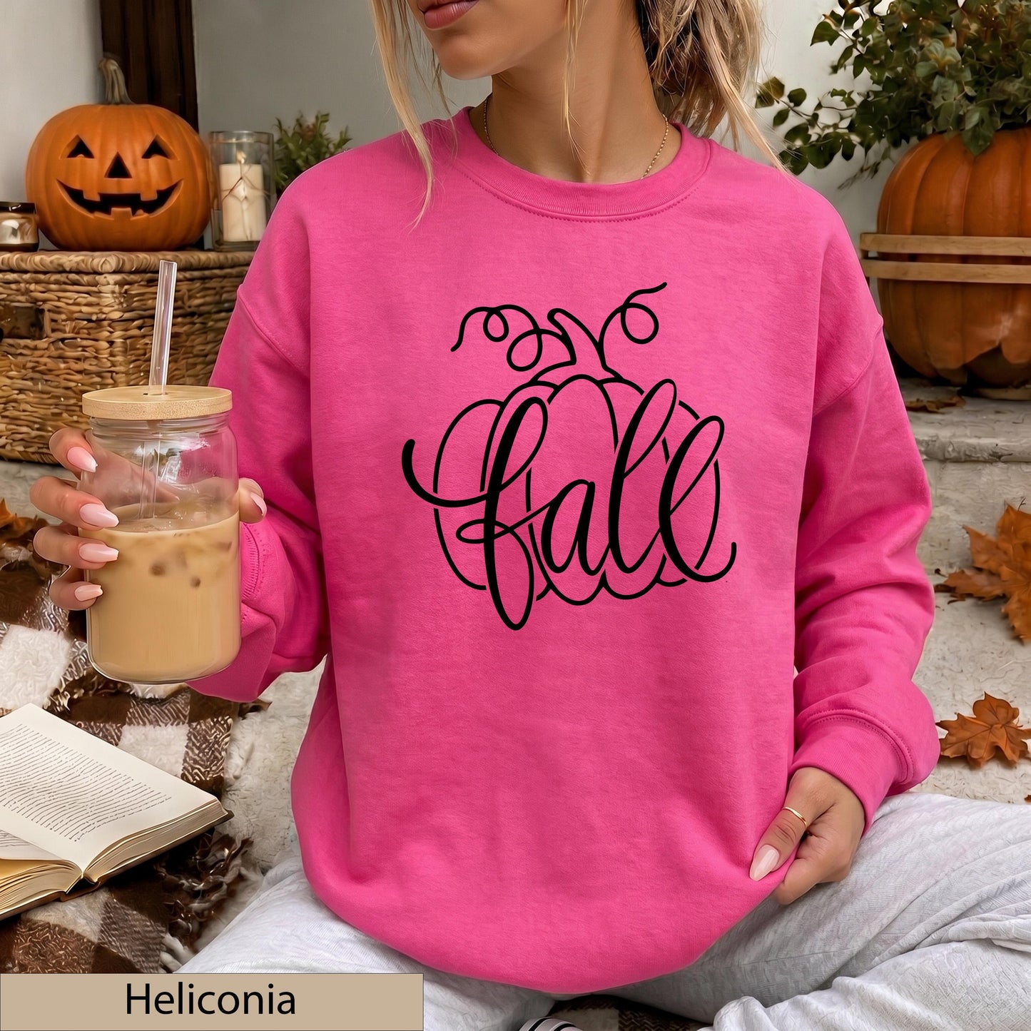 Orange Fall Pumpkin Script Sweatshirt, Cozy Autumn Crewneck Sweater