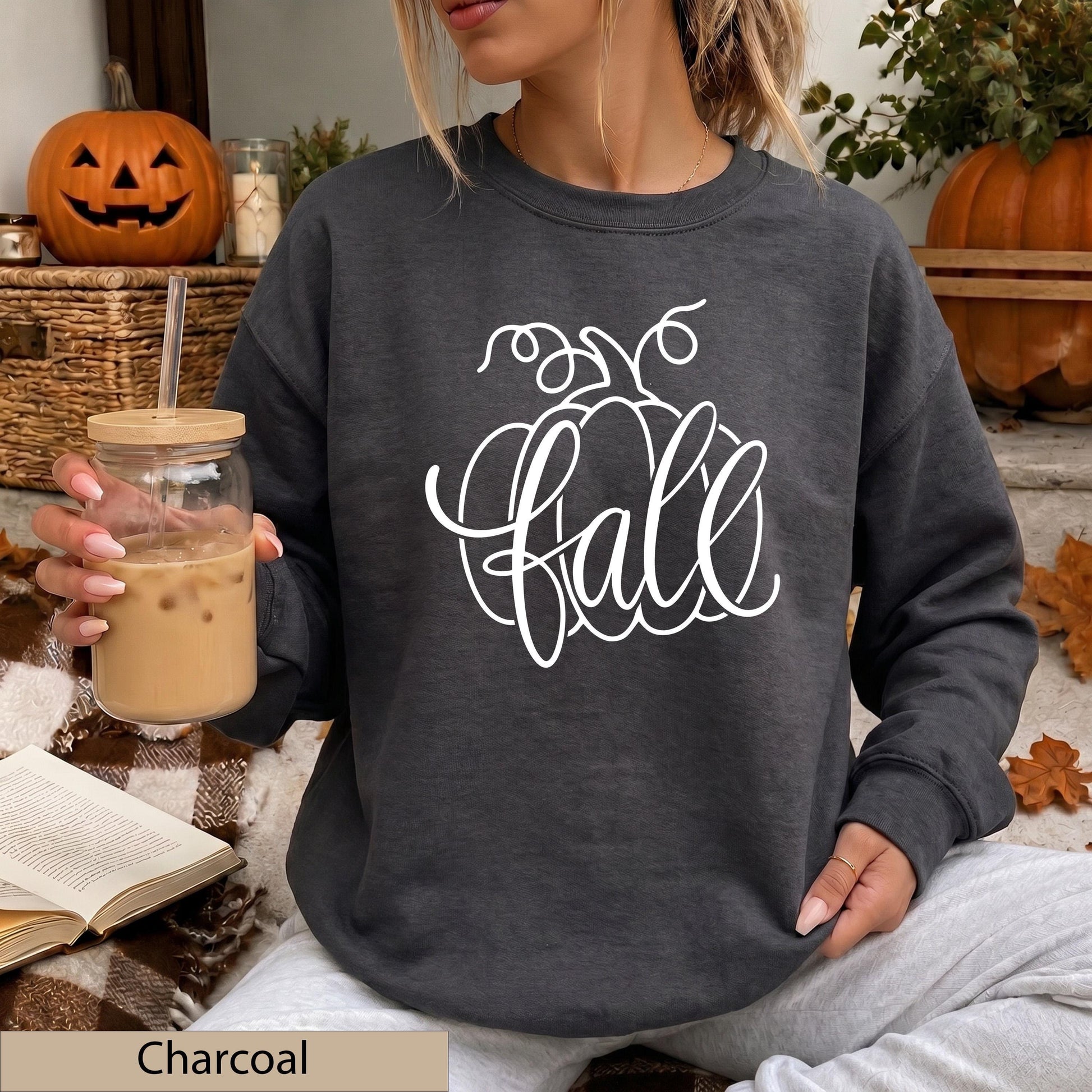 Fall Pumpkin Script Crewneck Sweatshirt, Cozy Autumn Orange Jumper