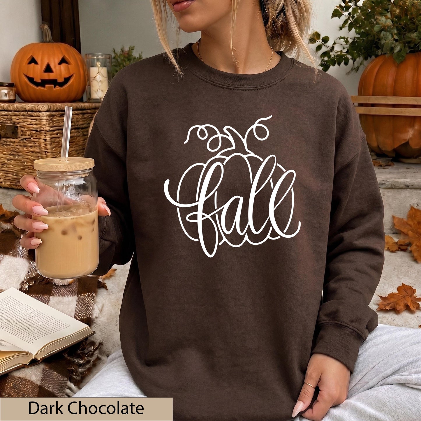 Fall Pumpkin Script Crewneck Sweatshirt, Cozy Autumn Orange Jumper