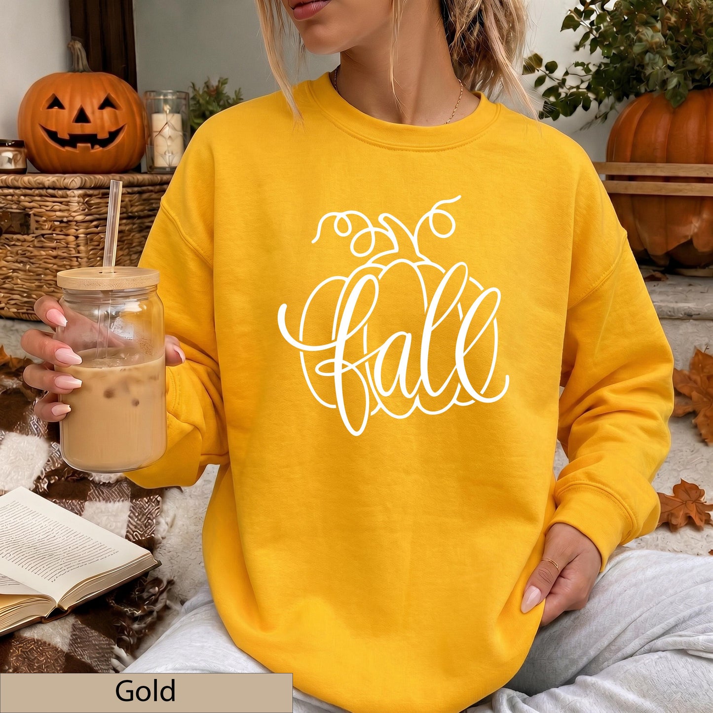 Fall Pumpkin Script Crewneck Sweatshirt, Cozy Autumn Orange Jumper